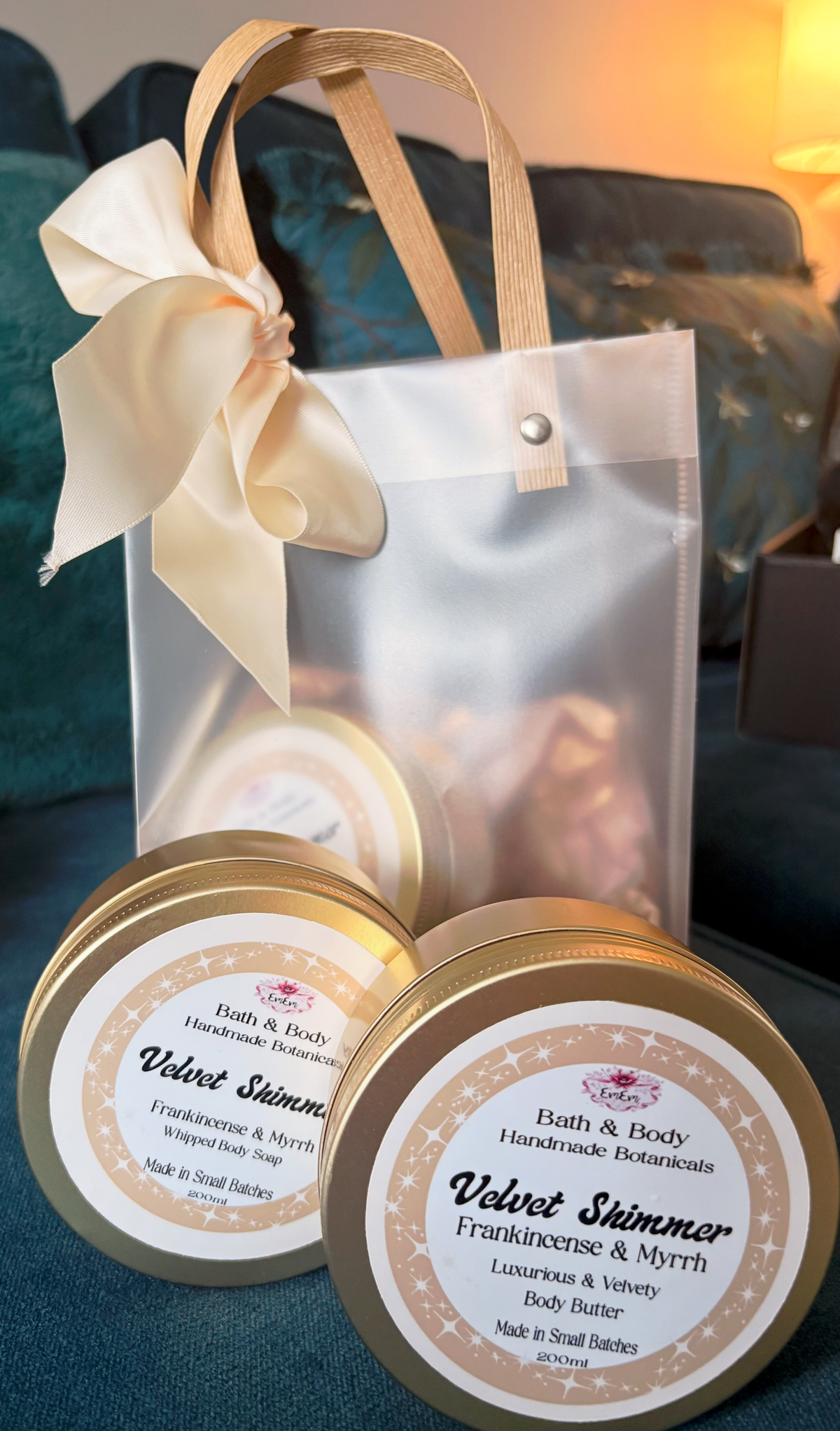 Velvet Shimmer Frankincense & Myrrh Skincare Duo – Whipped Soap & Body Butter