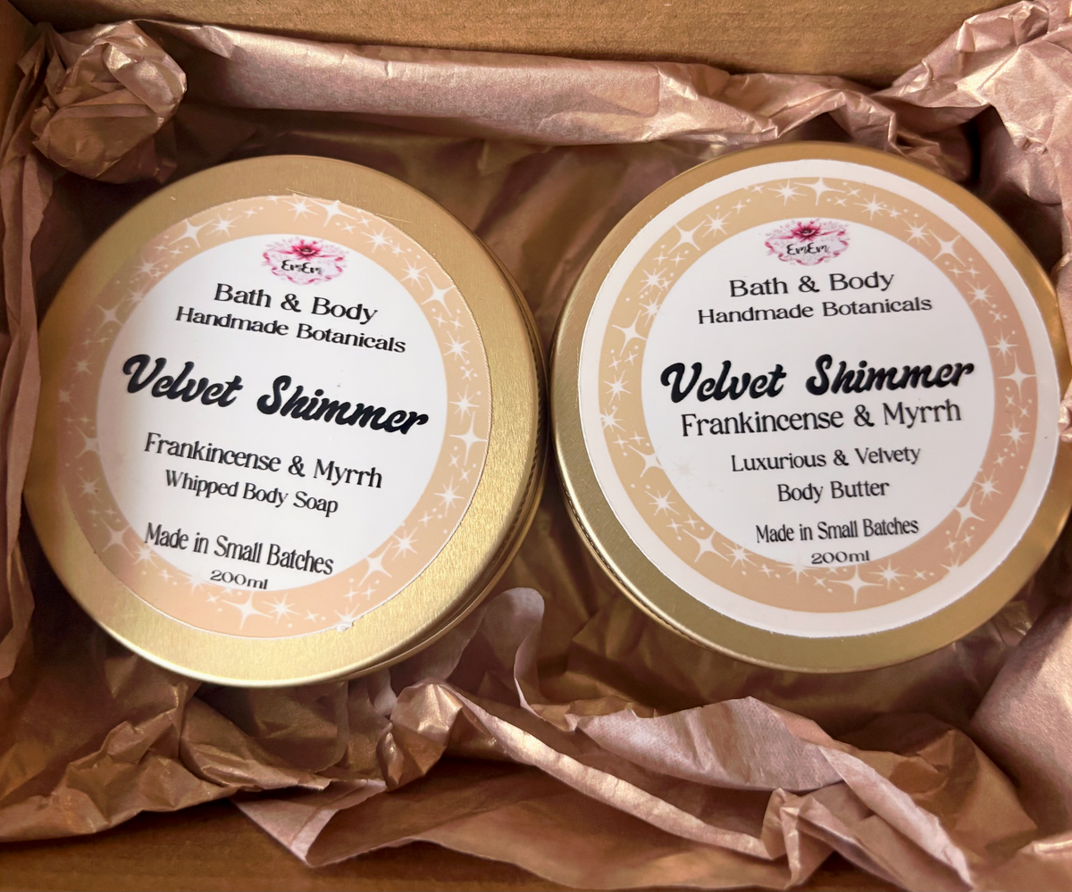 Velvet Shimmer Frankincense & Myrrh Skincare Duo – Whipped Soap & Body Butter