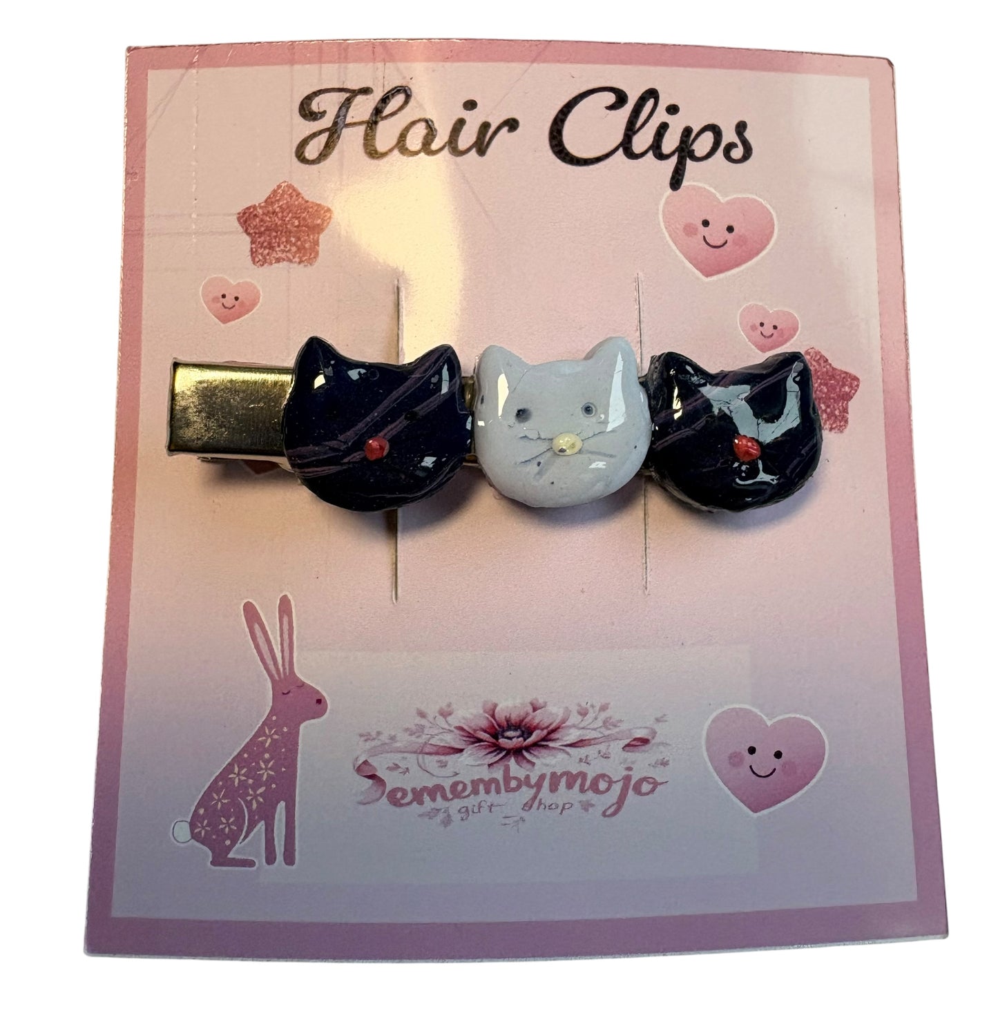 Handmade Clay Cat Hair Clip | Three Cute Cats | Blue Tones