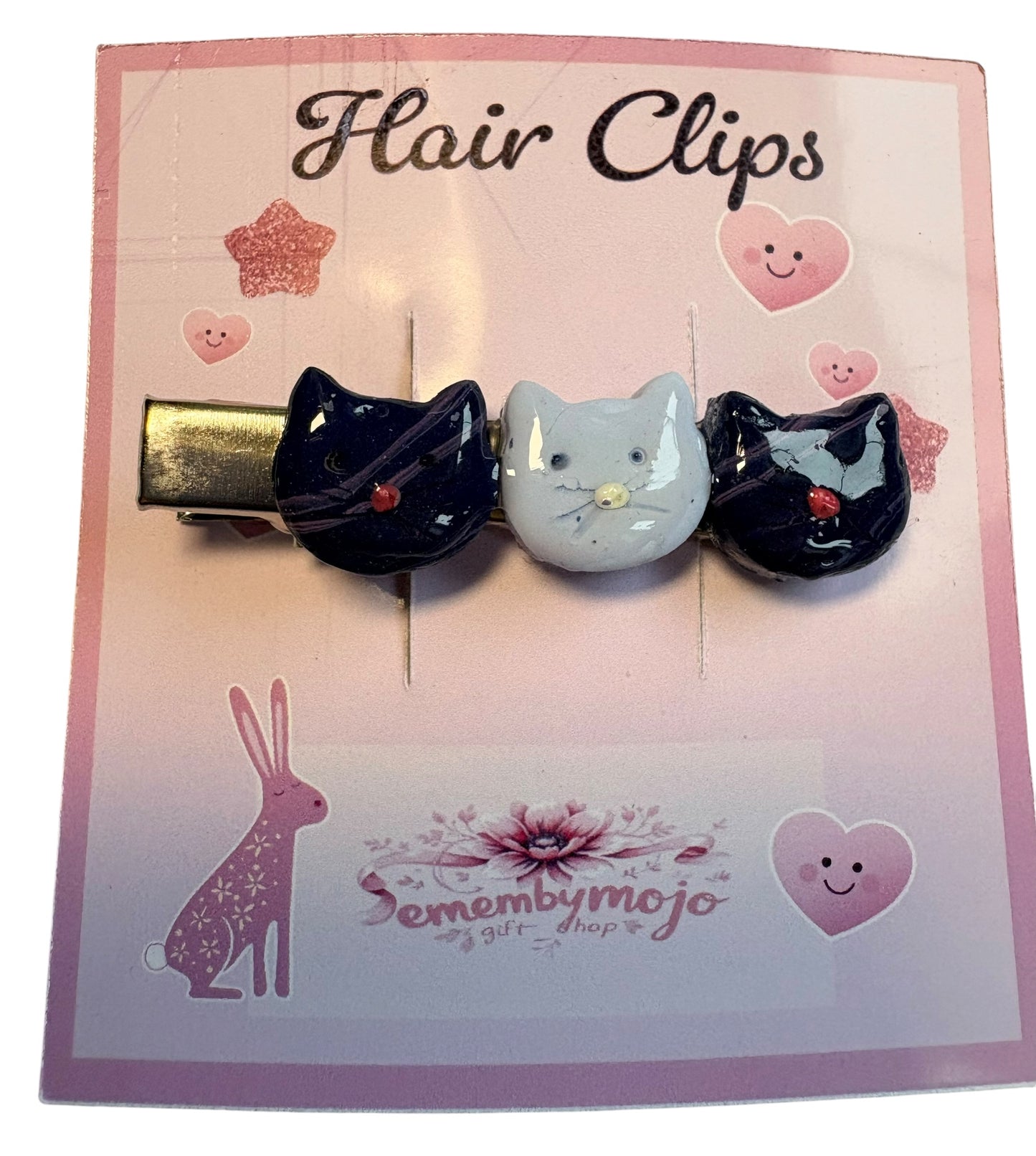 Handmade Clay Cat Hair Clip | Three Cute Cats | Blue Tones