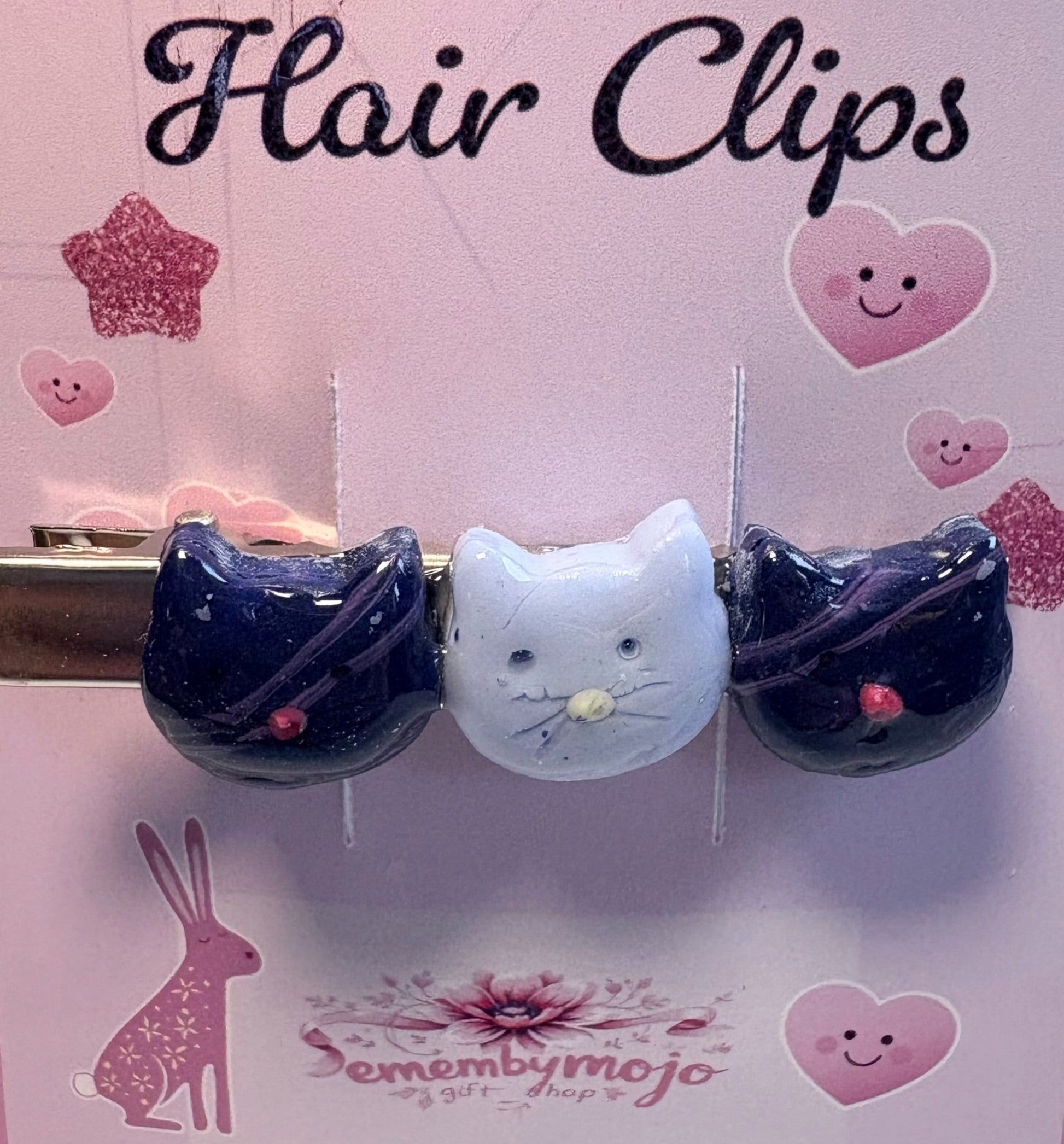 Handmade Clay Cat Hair Clip | Three Cute Cats | Blue Tones