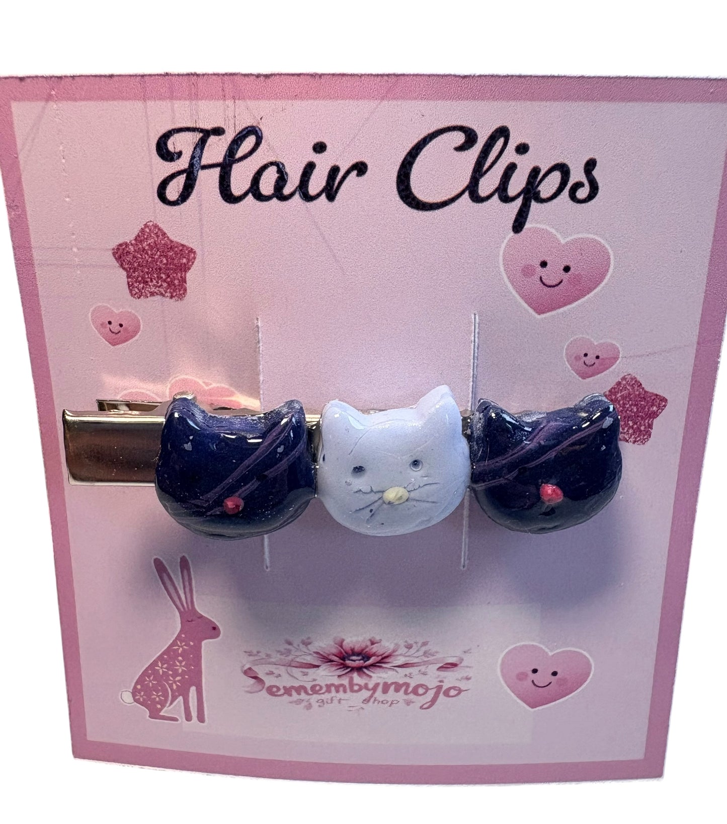 Handmade Clay Cat Hair Clip | Three Cute Cats | Blue Tones