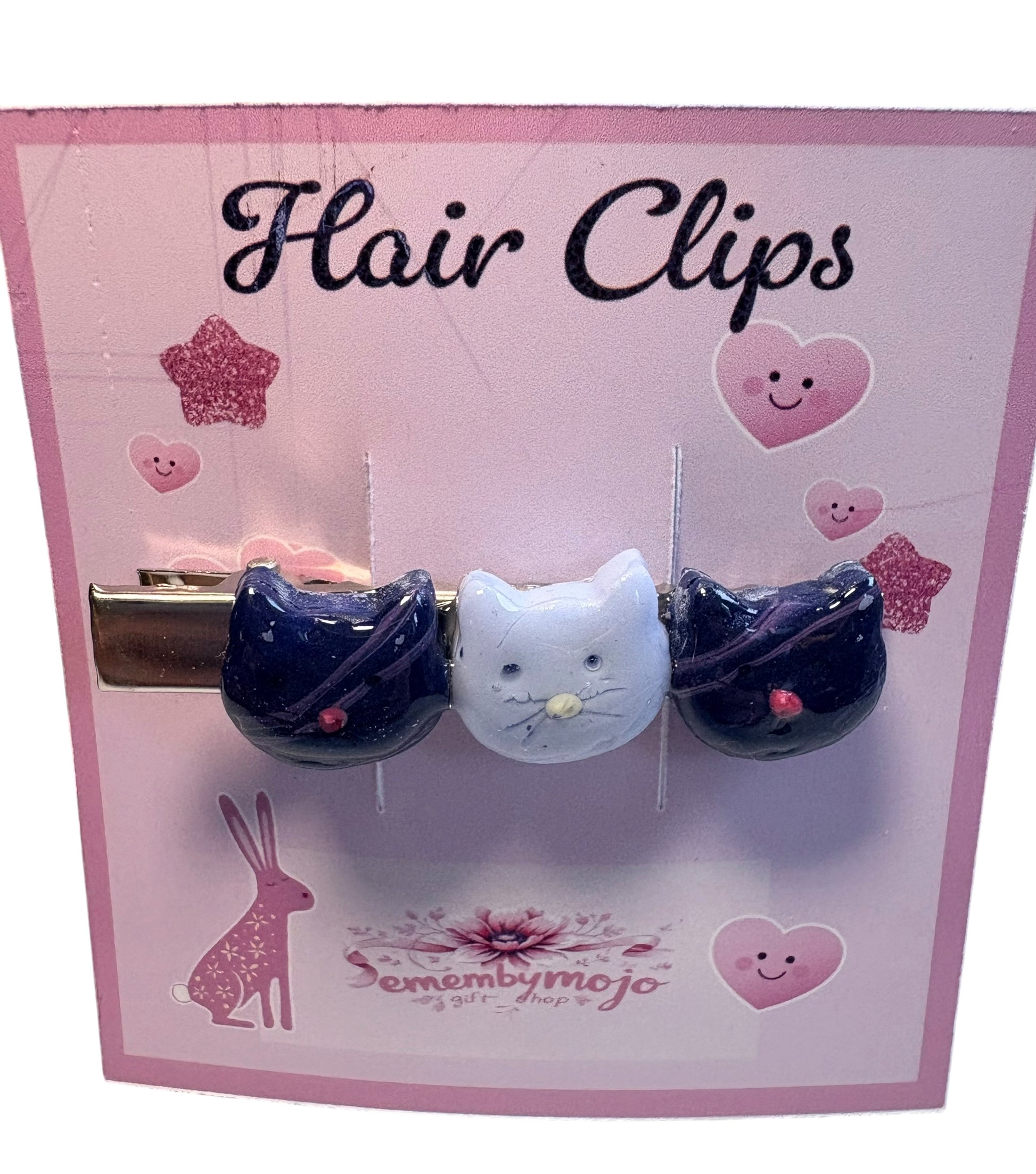 Handmade Clay Cat Hair Clip | Three Cute Cats | Blue Tones