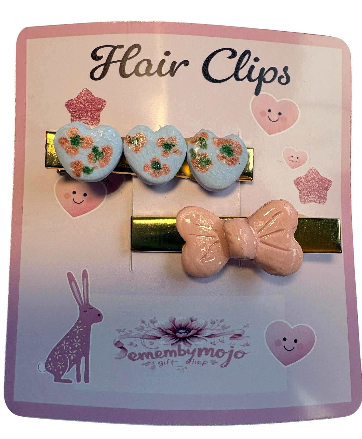 Handmade Clay Hair Clips | Set of 2 | Hearts, Flowers & Pink Bow