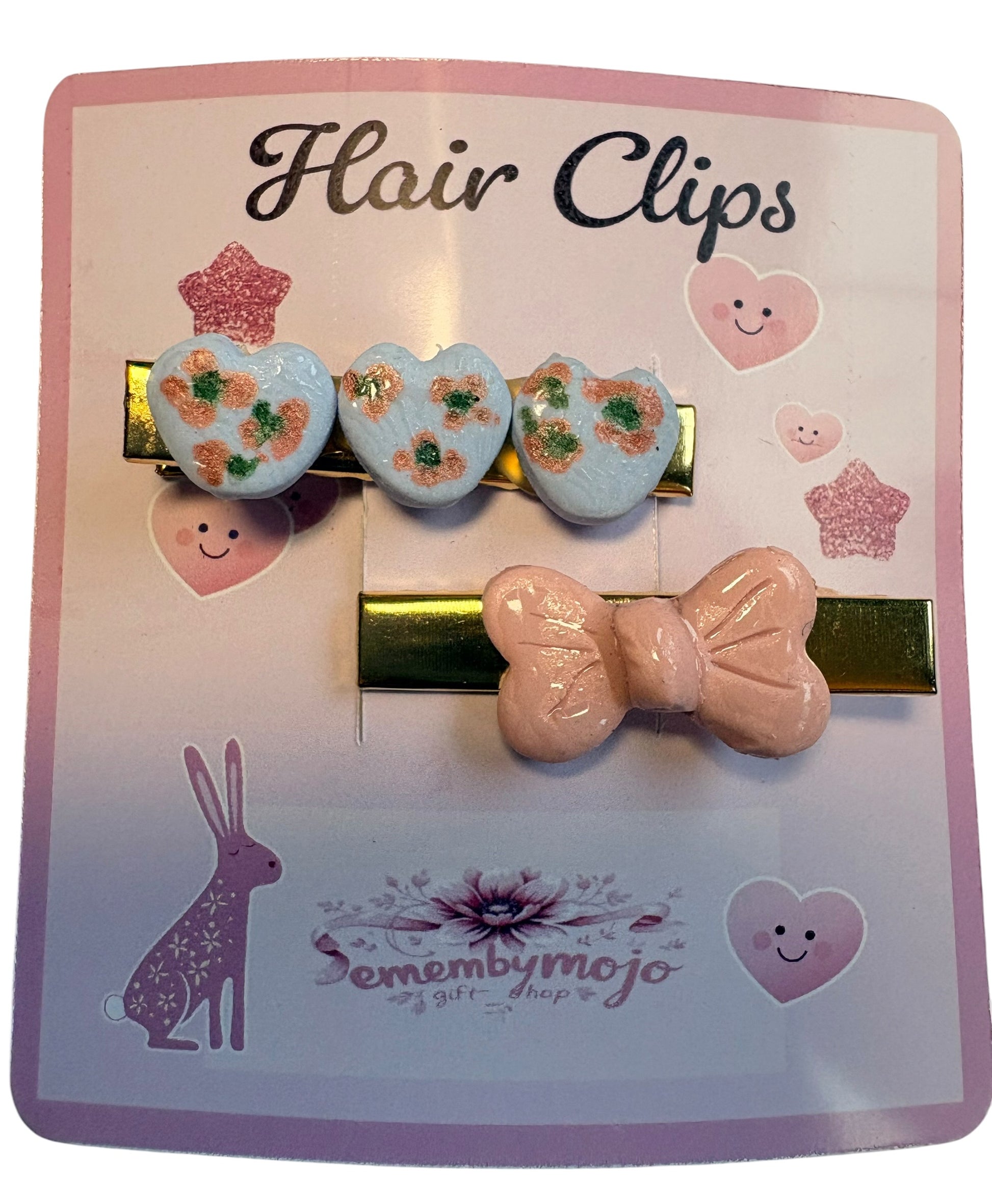 Handmade Clay Hair Clips | Set of 2 | Hearts, Flowers & Pink Bow