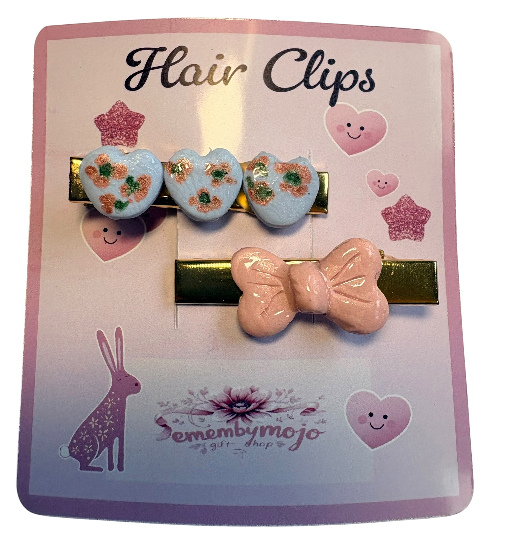 Handmade Clay Hair Clips | Set of 2 | Hearts, Flowers & Pink Bow