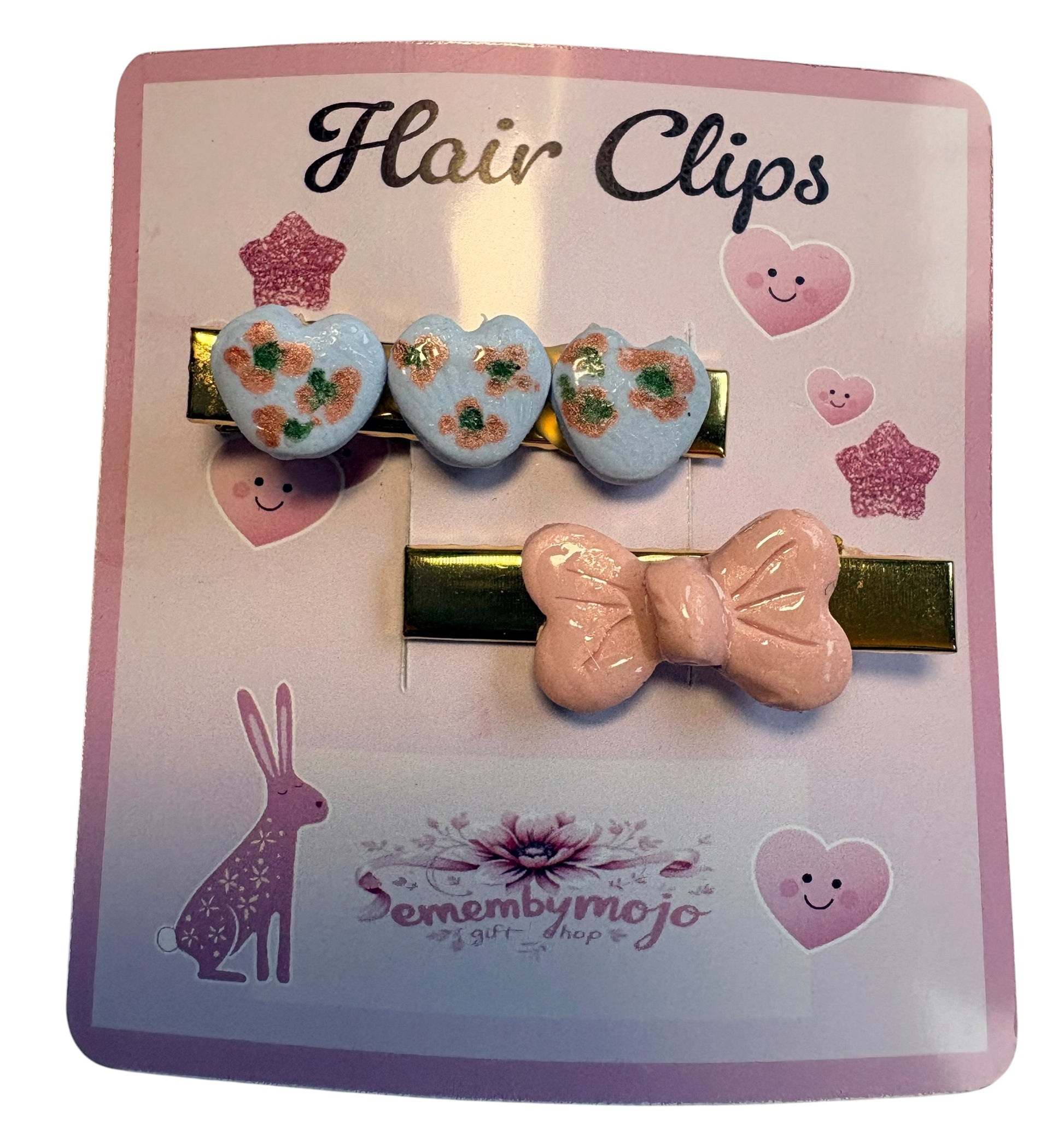 Handmade Clay Hair Clips | Set of 2 | Hearts, Flowers & Pink Bow