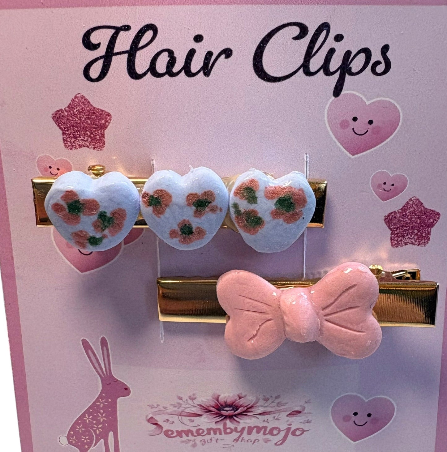 Handmade Clay Hair Clips | Set of 2 | Hearts, Flowers & Pink Bow