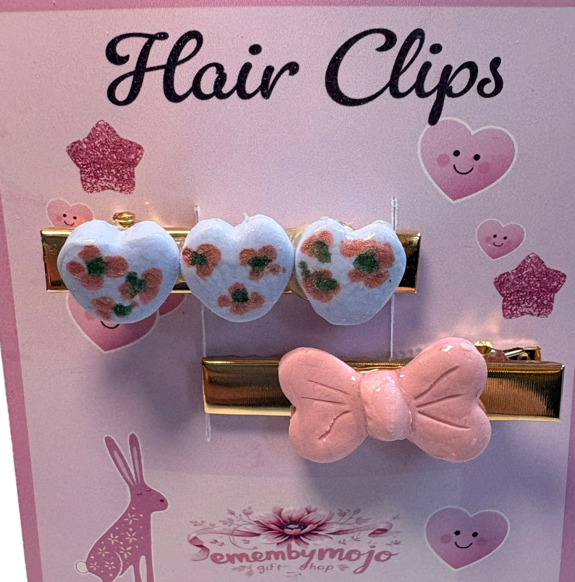 Handmade Clay Hair Clips | Set of 2 | Hearts, Flowers & Pink Bow