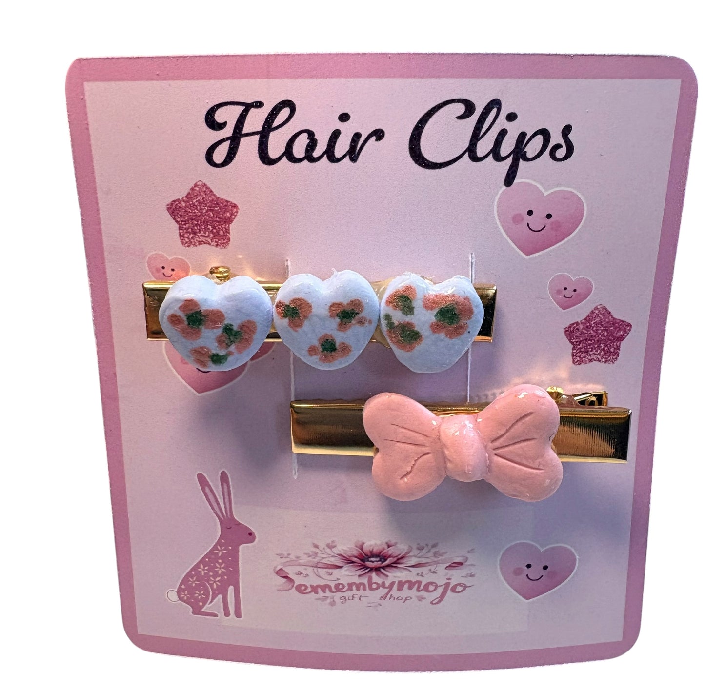 Handmade Clay Hair Clips | Set of 2 | Hearts, Flowers & Pink Bow