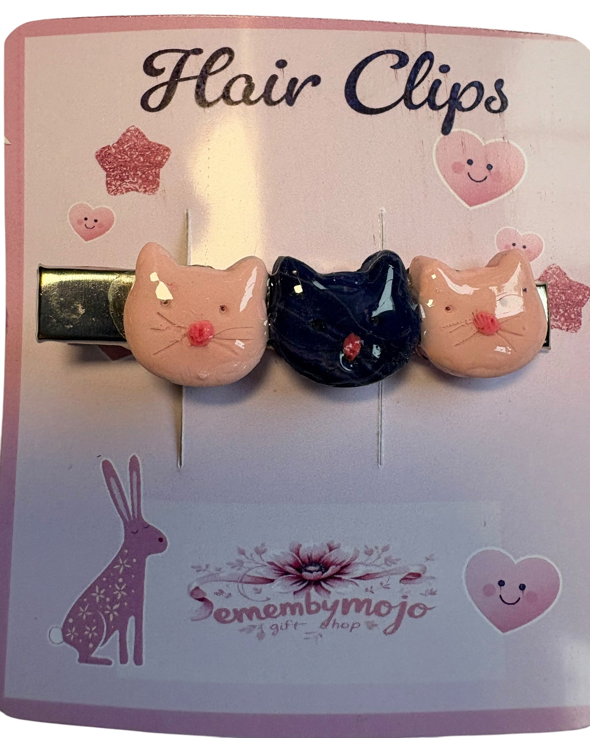 Handmade Clay Cat Hair Clip | Three Cute Cats | Pink & Blue