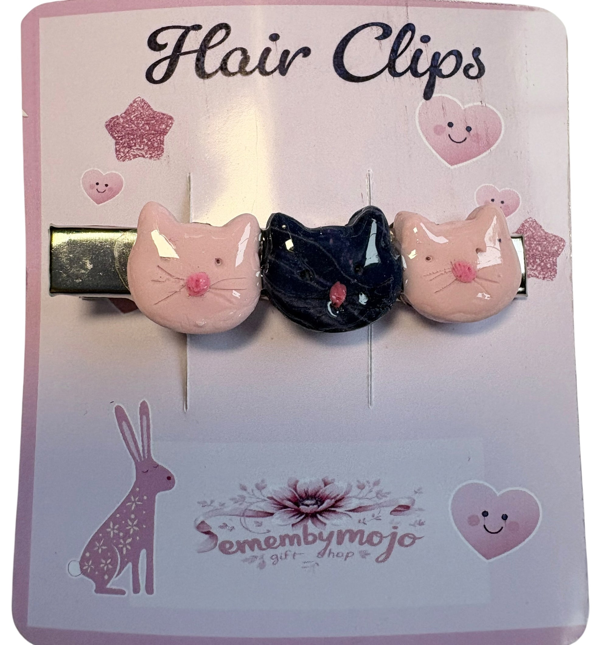 Handmade Clay Cat Hair Clip | Three Cute Cats | Pink & Blue