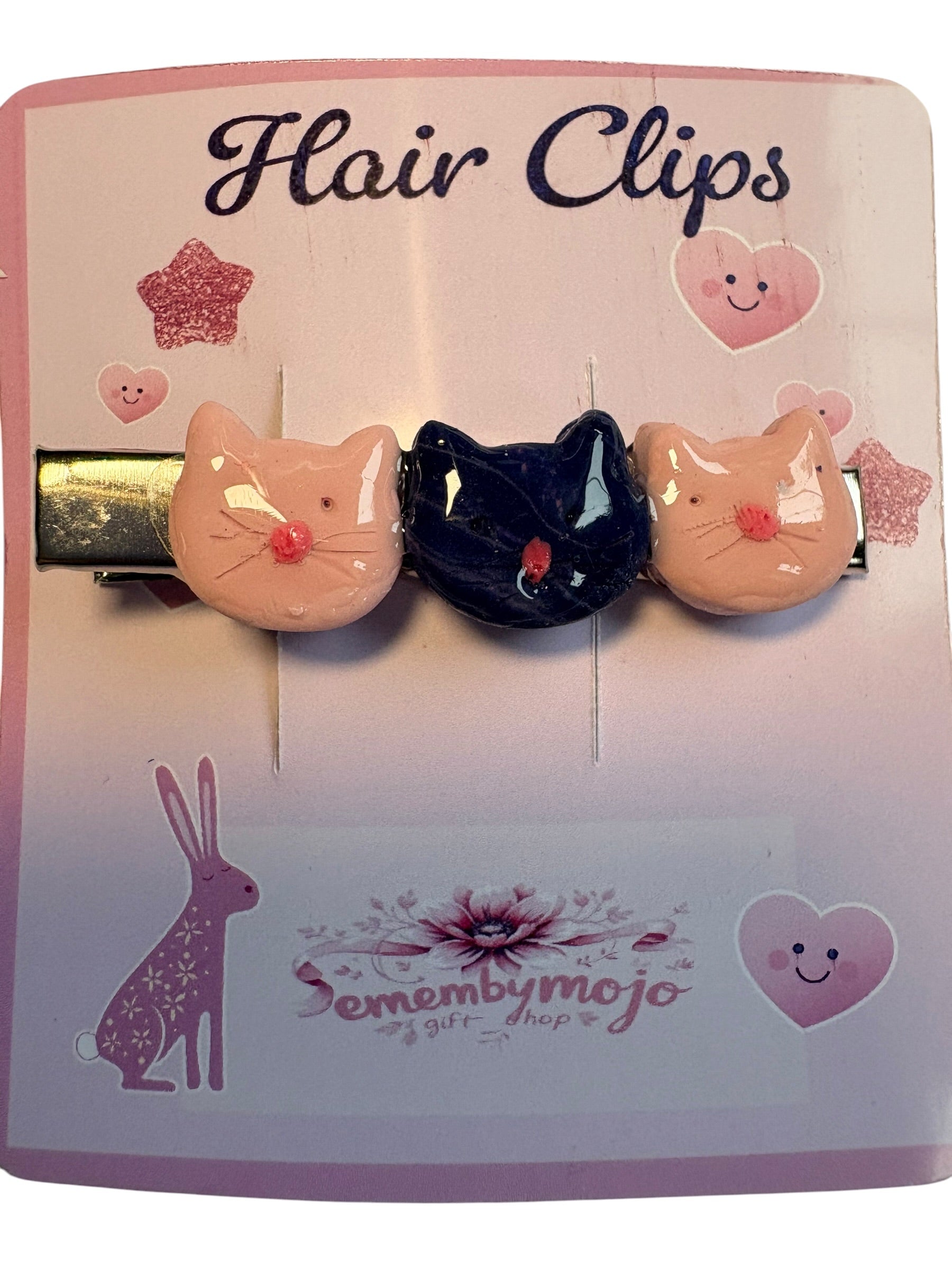 Handmade Clay Cat Hair Clip | Three Cute Cats | Pink & Blue