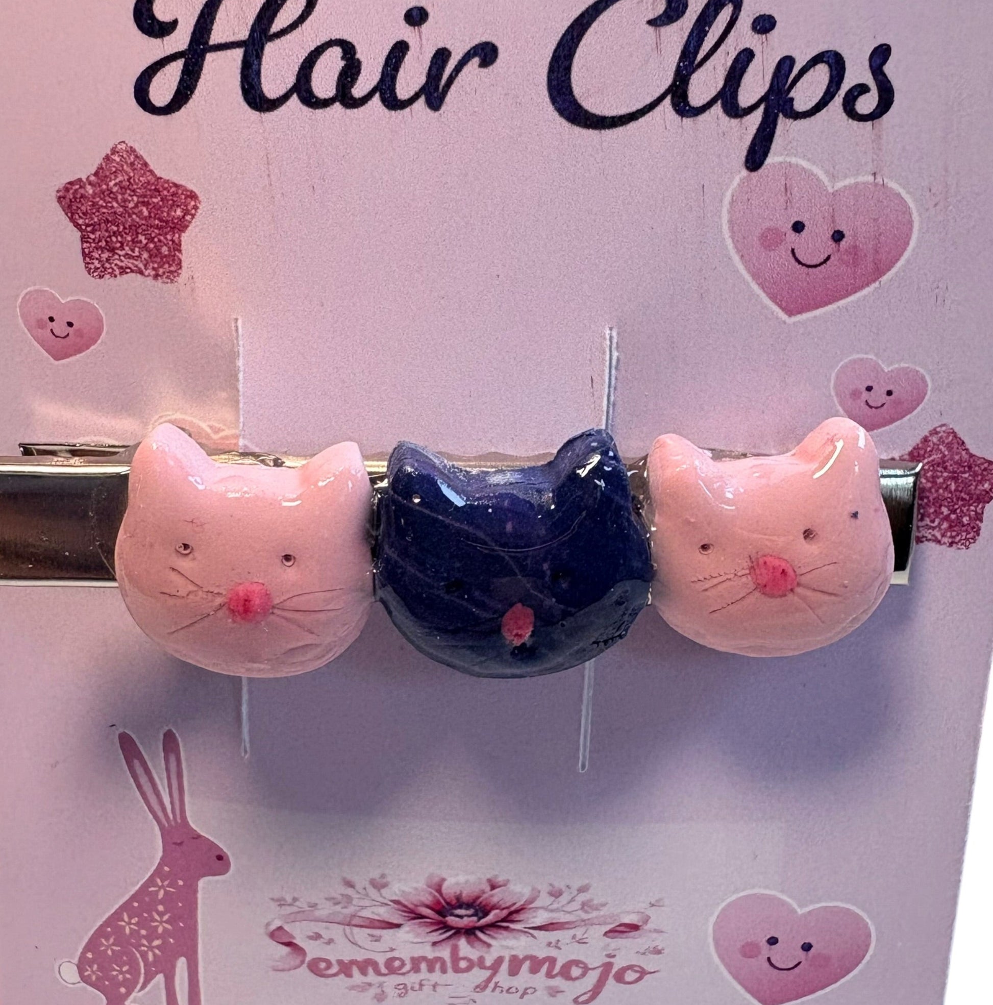 Handmade Clay Cat Hair Clip | Three Cute Cats | Pink & Blue
