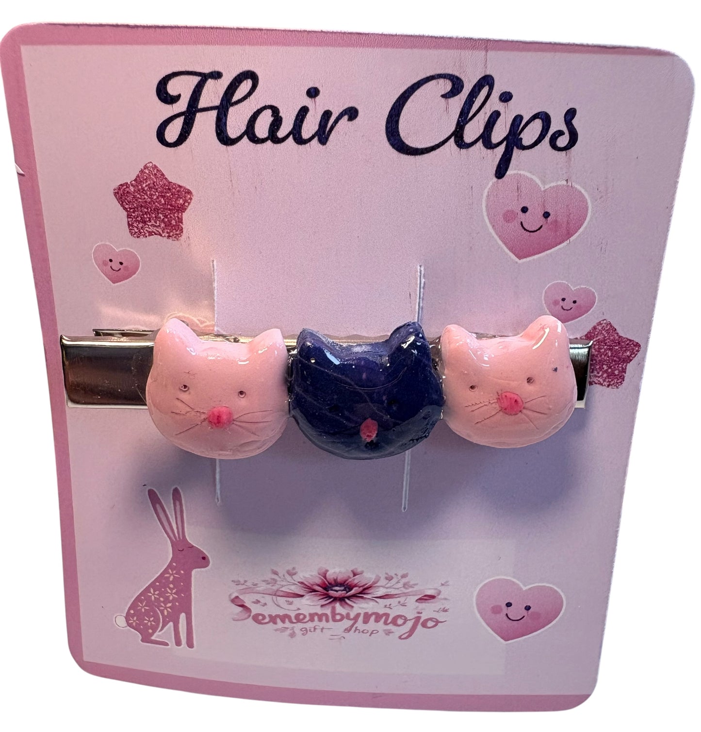 Handmade Clay Cat Hair Clip | Three Cute Cats | Pink & Blue