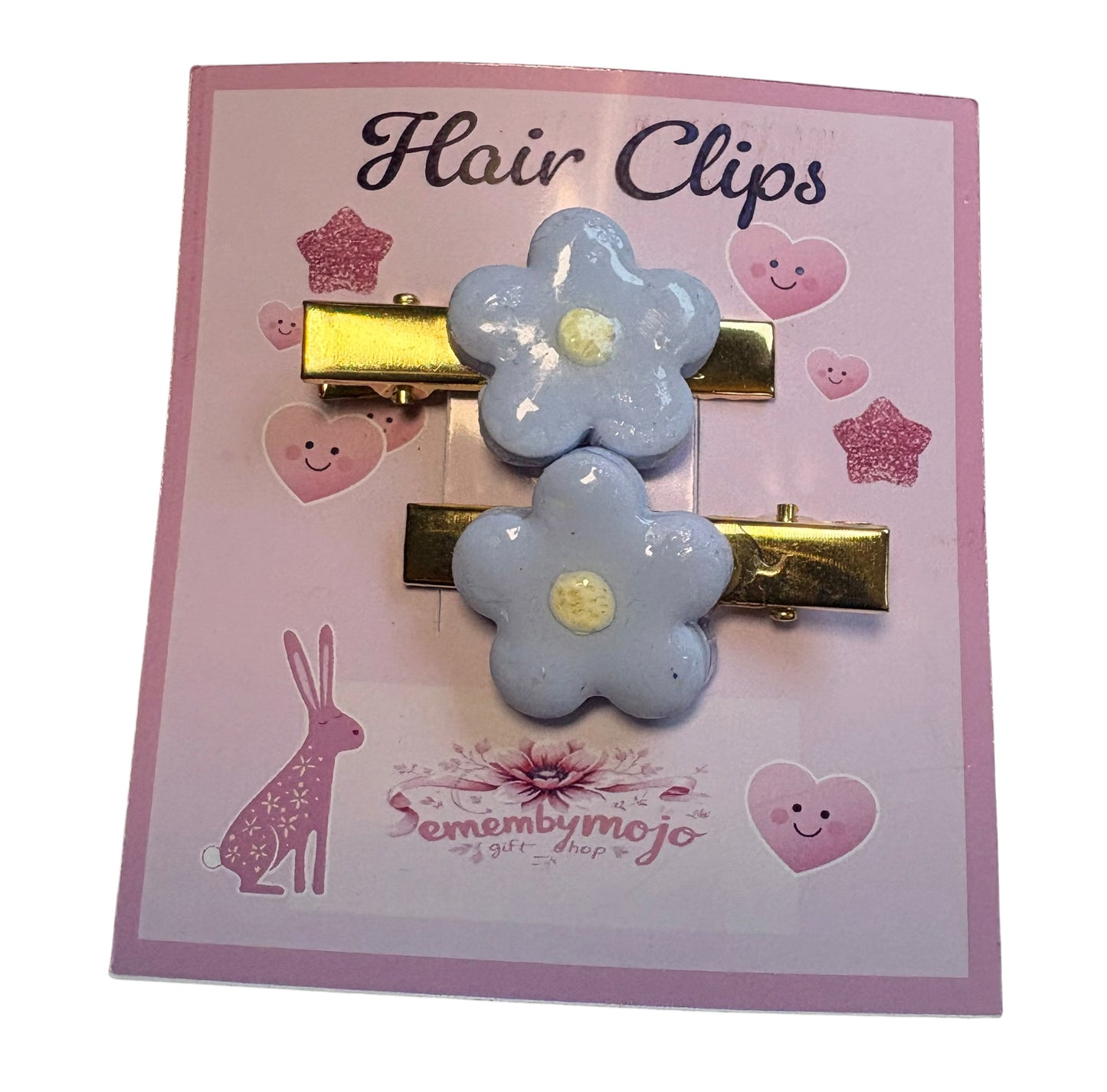Handmade Clay Blue Flower Hair Clips | Pair | Gold Tone Clips