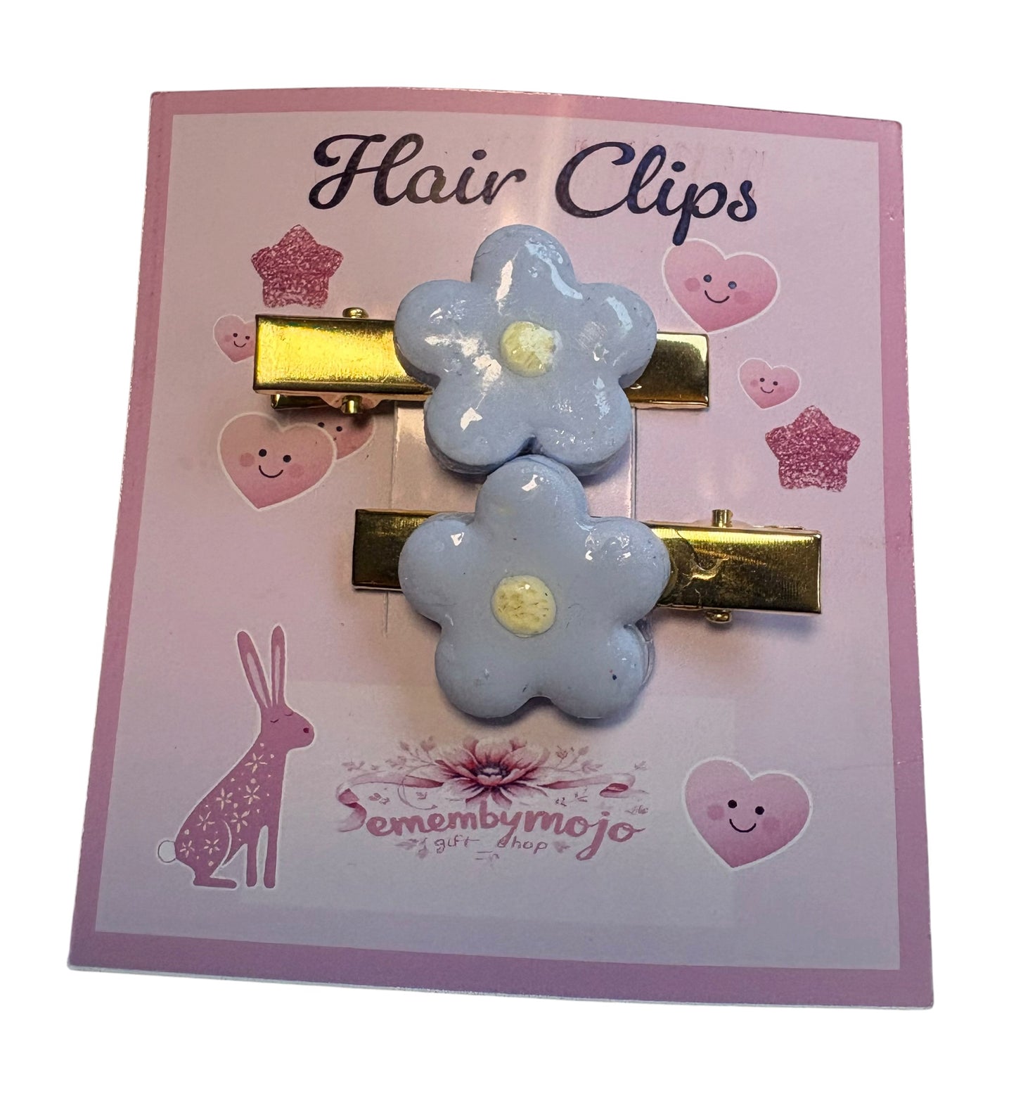 Handmade Clay Blue Flower Hair Clips | Pair | Gold Tone Clips