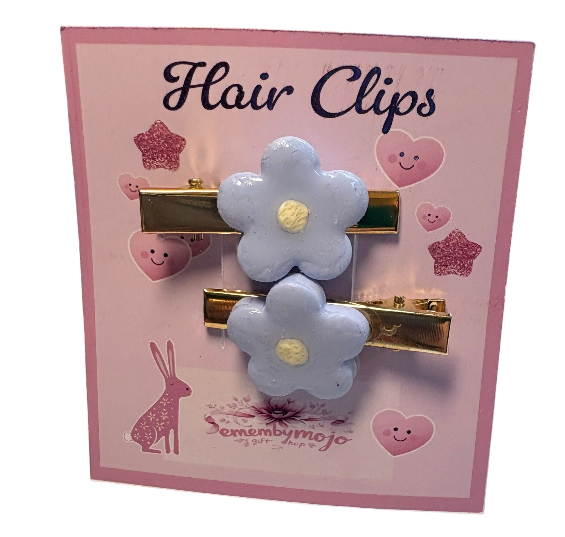 Handmade Clay Blue Flower Hair Clips | Pair | Gold Tone Clips