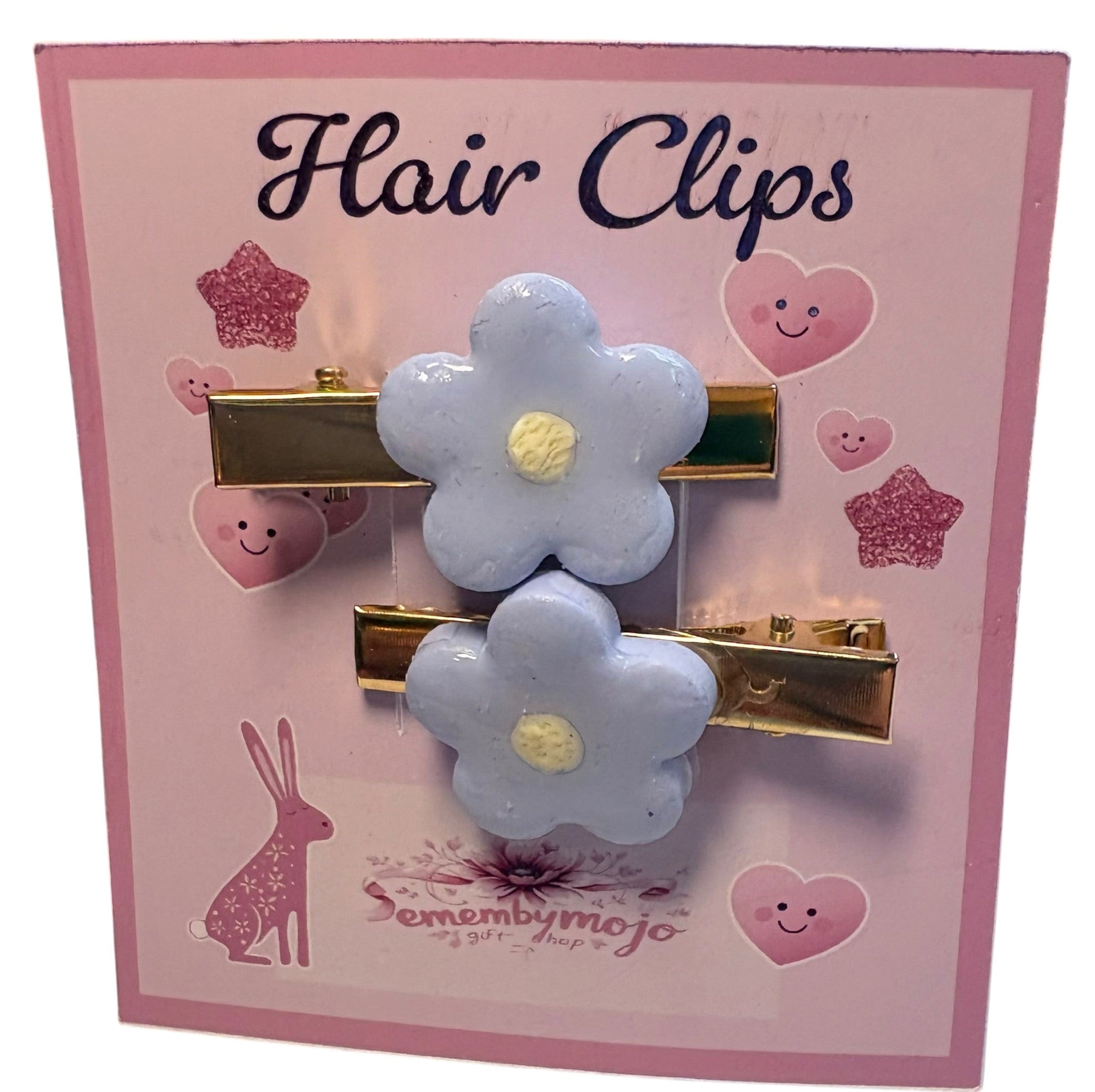 Handmade Clay Blue Flower Hair Clips | Pair | Gold Tone Clips
