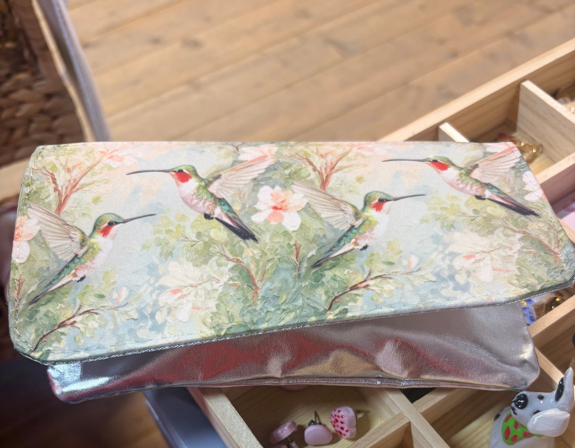 Hummingbird & Flower Silver Wristlet Pouch Bag