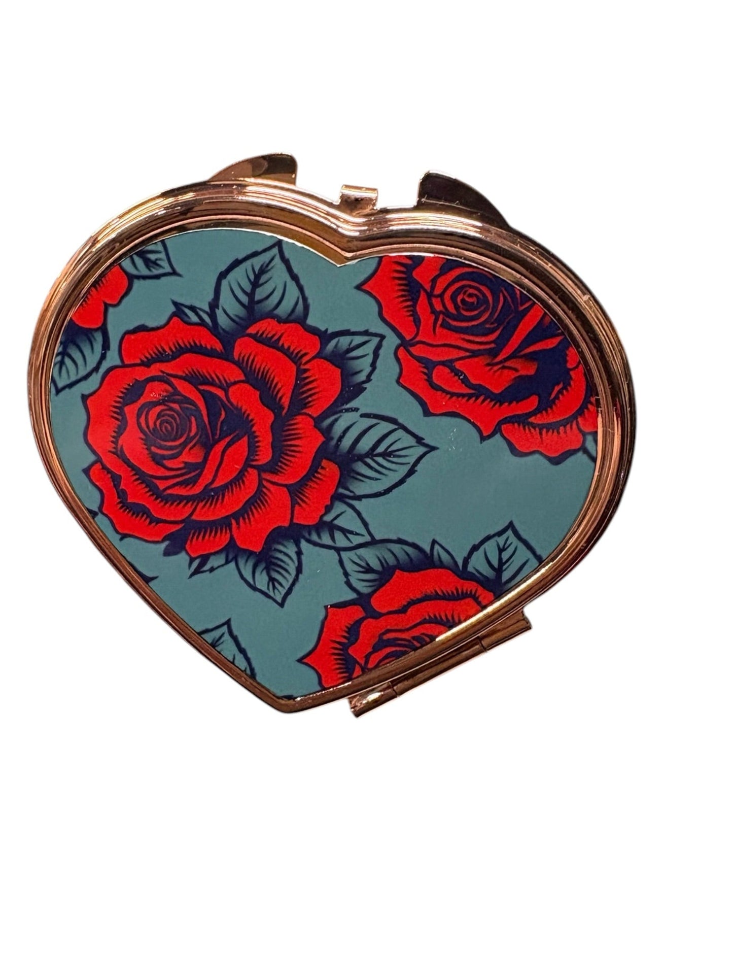 Heart Shaped Compact Mirror | Rose Gold | Dark Red Rose & Teal Design