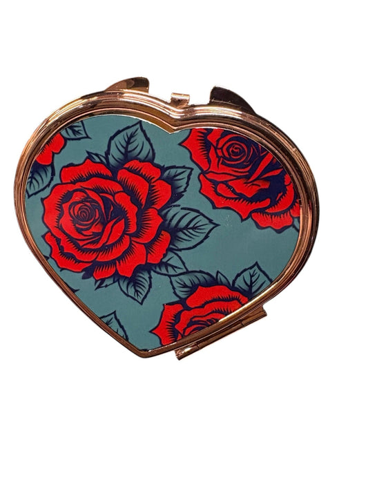 Heart Shaped Compact Mirror | Rose Gold | Dark Red Rose & Teal Design