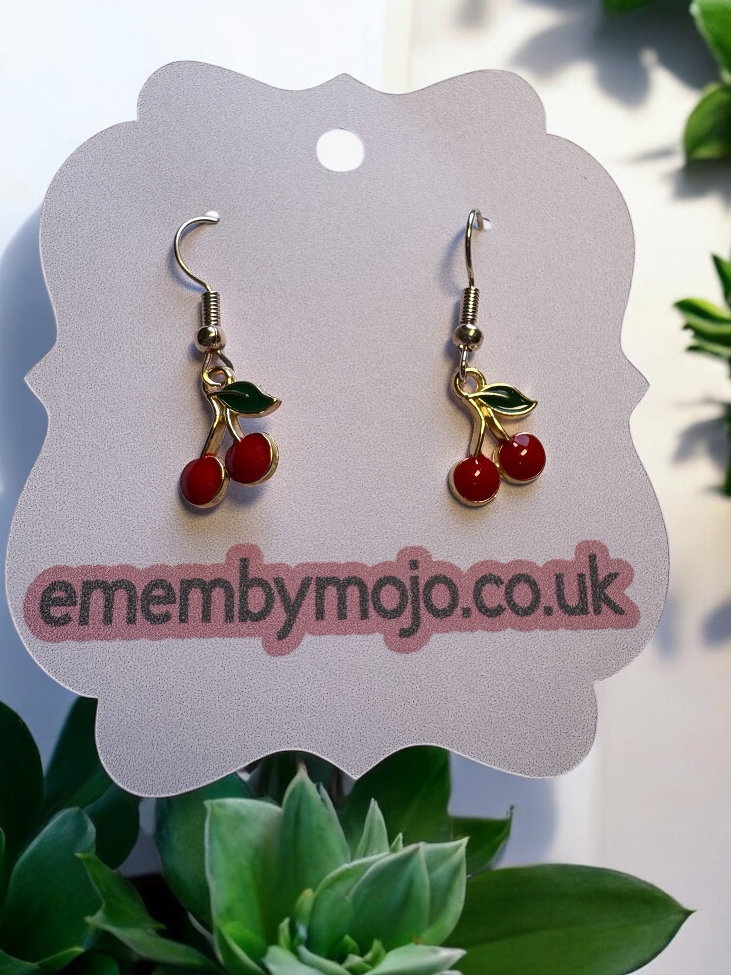 cherry dangle earrings with gold and green leaf detail/fun and quirky jewellery gift