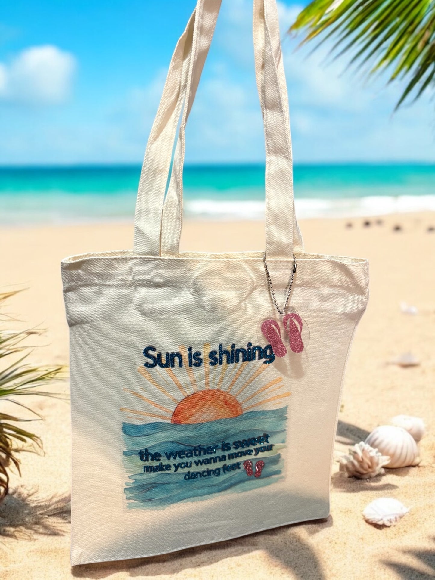 Sun is Shining Beach Tote Bag - Canvas Summer Bag with Flip-Flop Charm