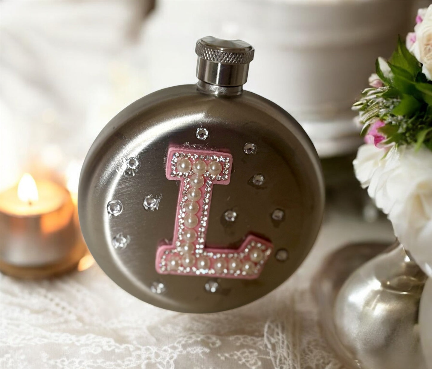 Personalised Round Hip Flask with Bling Initial & Name - Bridesmaid Gift, Bridal Party Gift