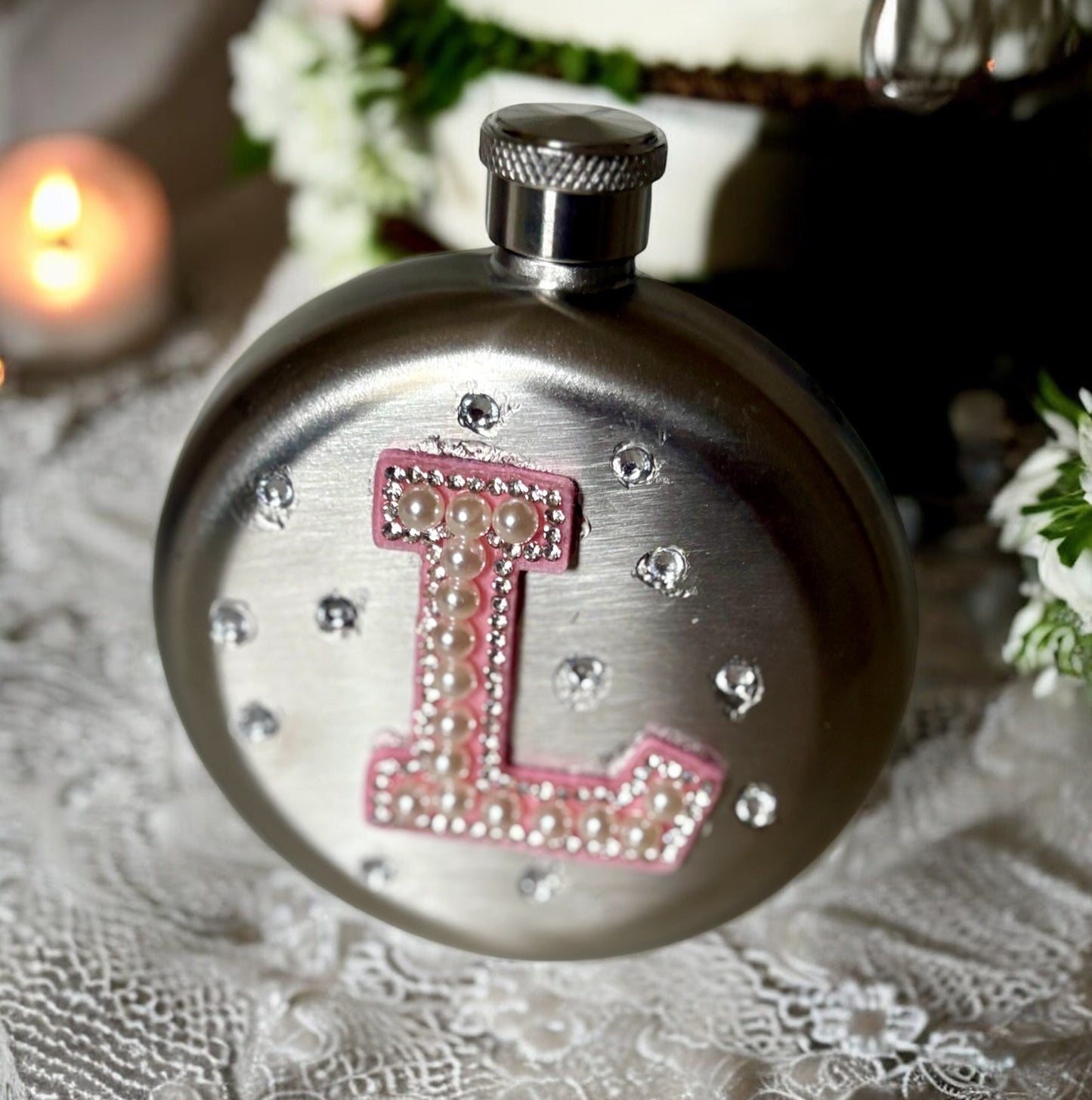 Personalised Round Hip Flask with Bling Initial & Name - Bridesmaid Gift, Bridal Party Gift
