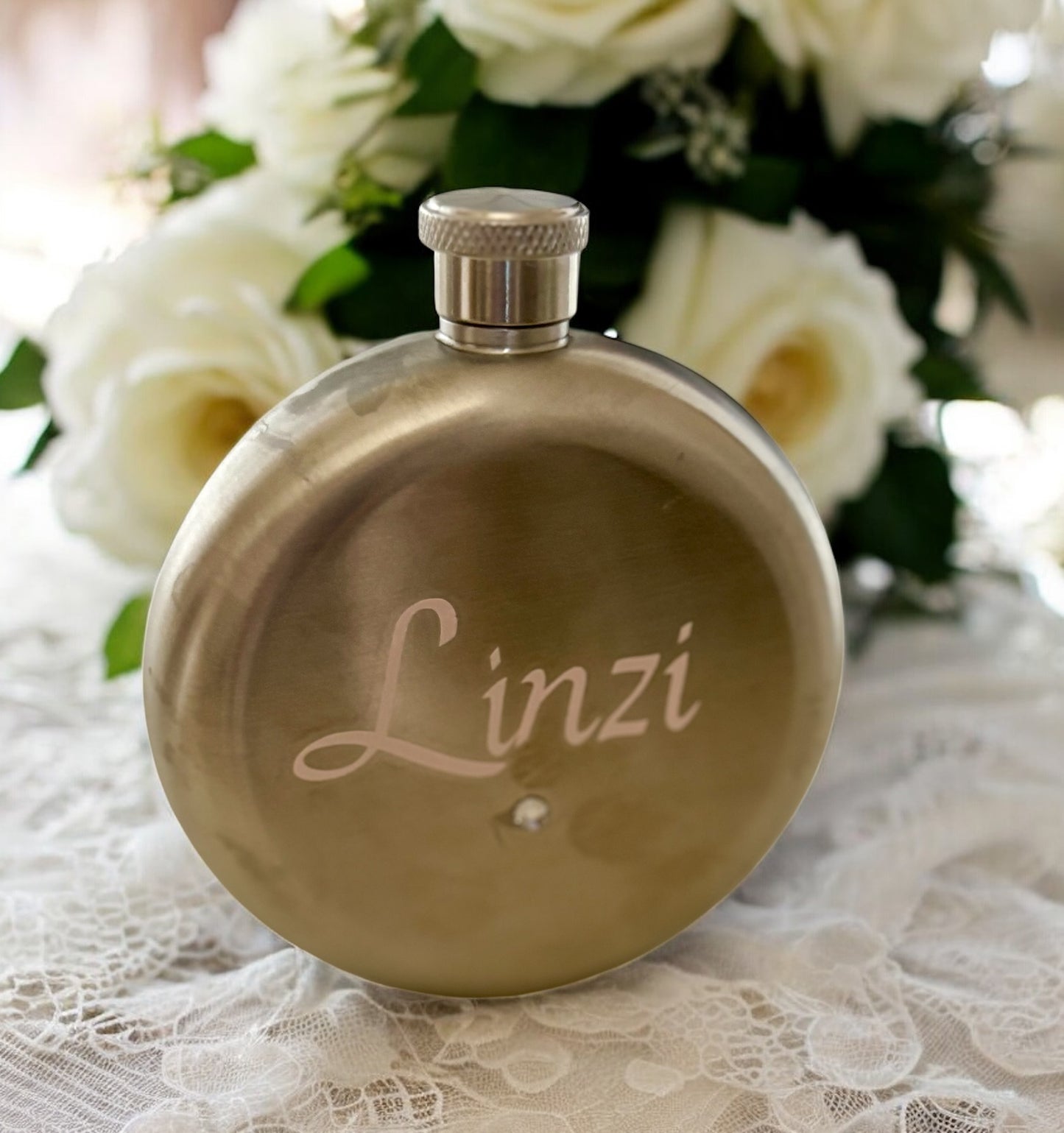 Personalised Round Hip Flask with Bling Initial & Name - Bridesmaid Gift, Bridal Party Gift