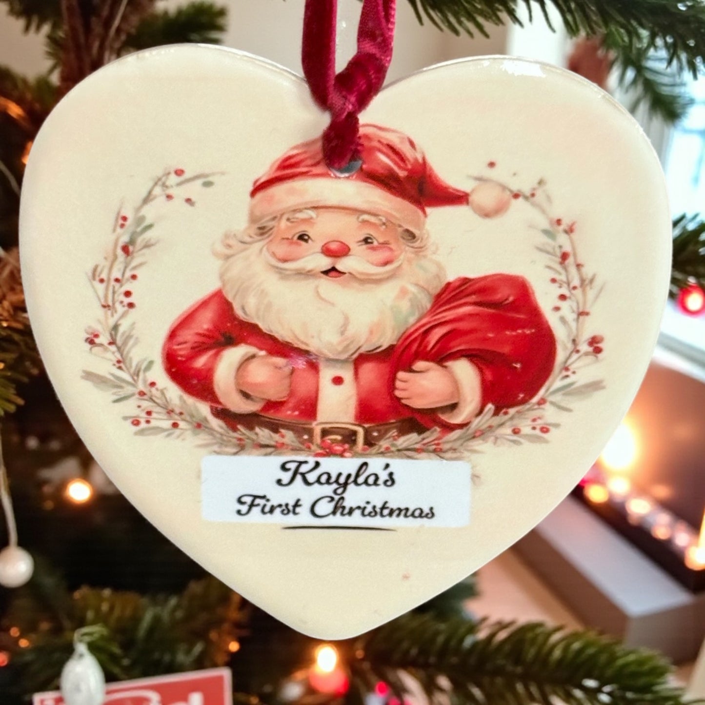 Personalised Baby's First Christmas Ornament - Vintage Santa Heart Ceramic Decoration