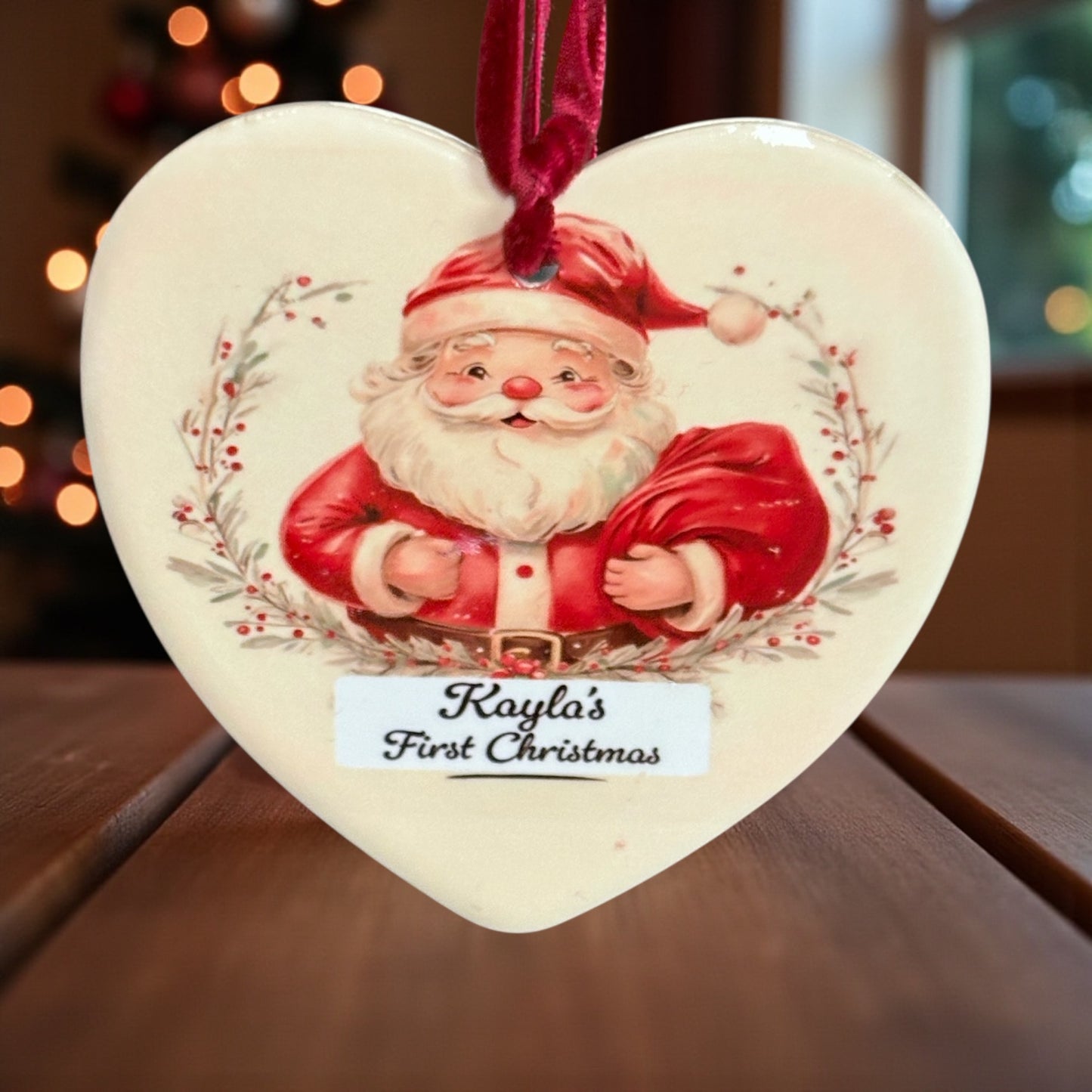 Personalised Baby's First Christmas Ornament - Vintage Santa Heart Ceramic Decoration