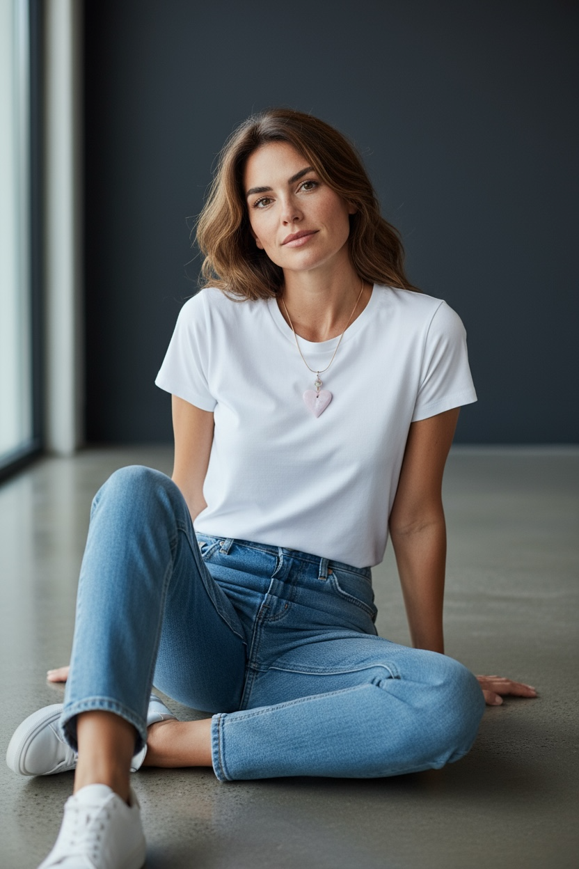 Woman wearing a white t-shirt and blue jeans sitting on the floor.