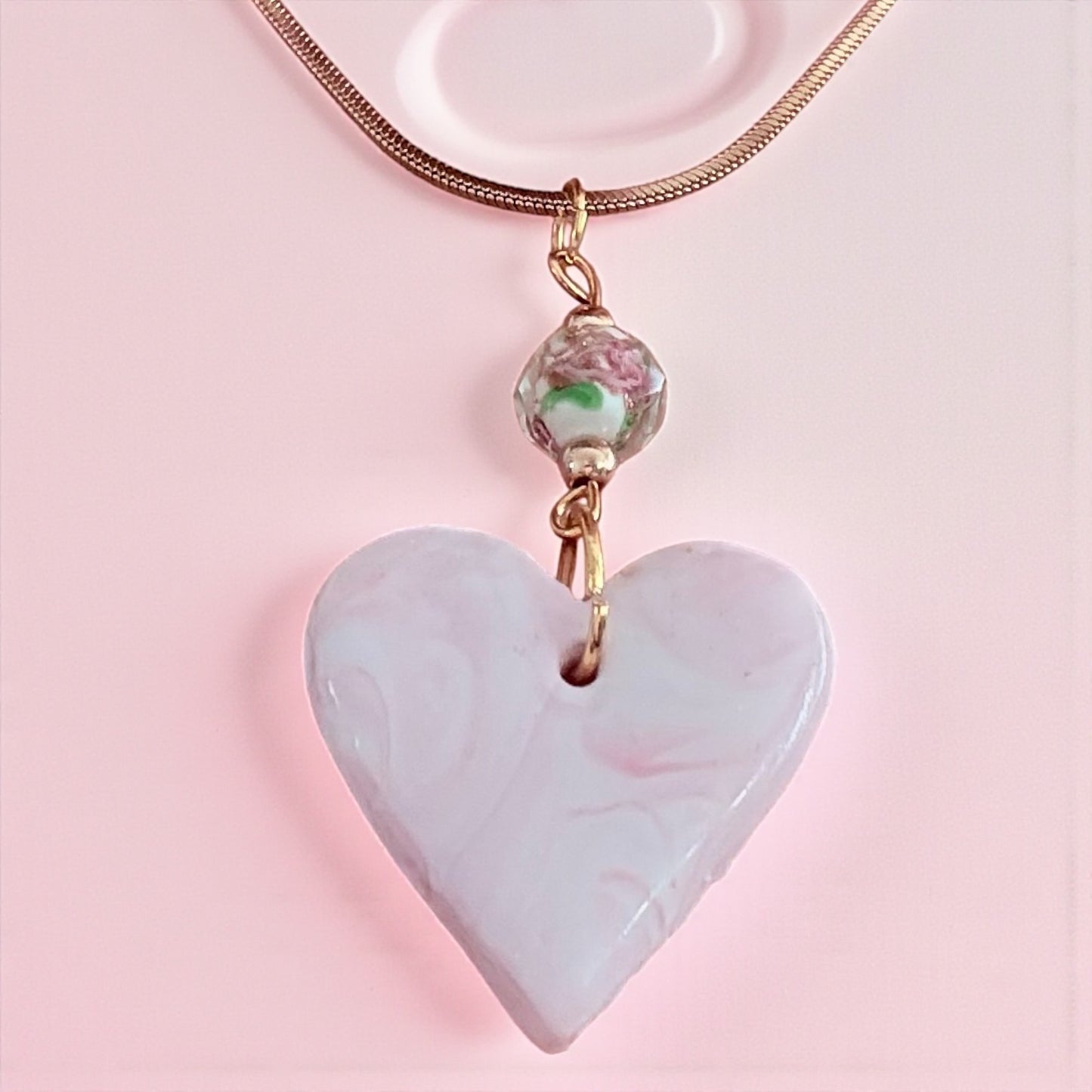 Pink Heart Necklace - Handmade Clay Pendant with Flower Bead & Gold Chain