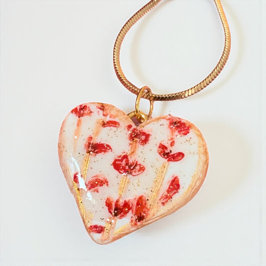 Handmade Clay Heart Necklace with Flower - Artisan Floral Pendant