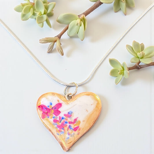 Handmade Clay Heart Necklace - Pink & Gold