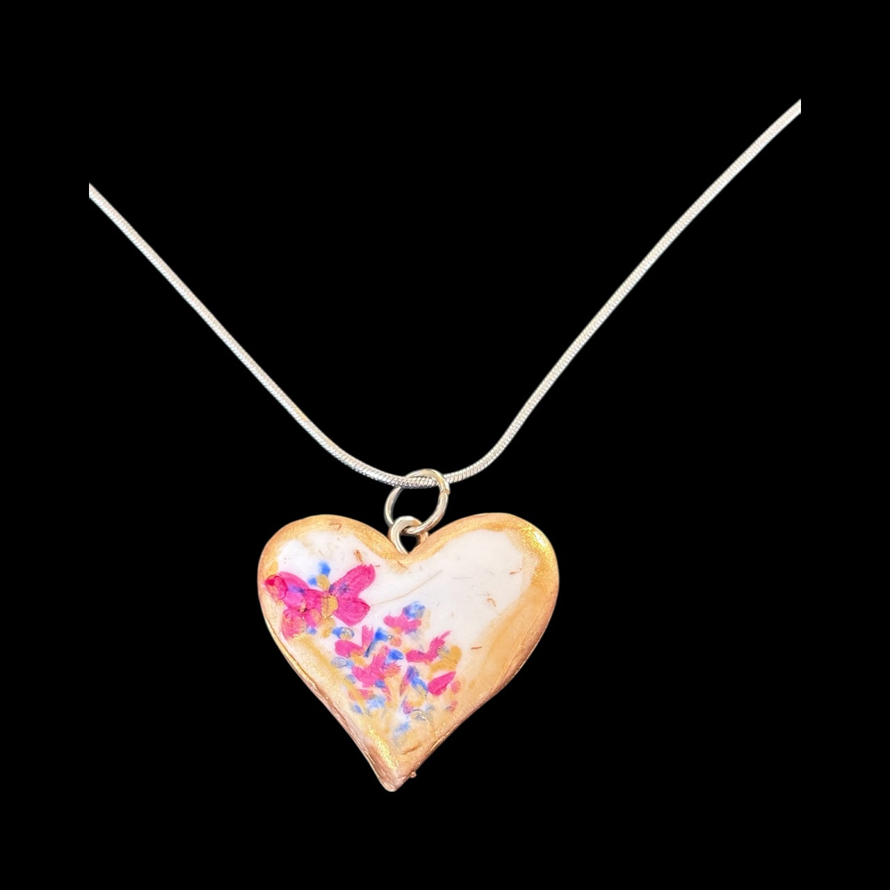Handmade Clay Heart Necklace - Pink & Gold