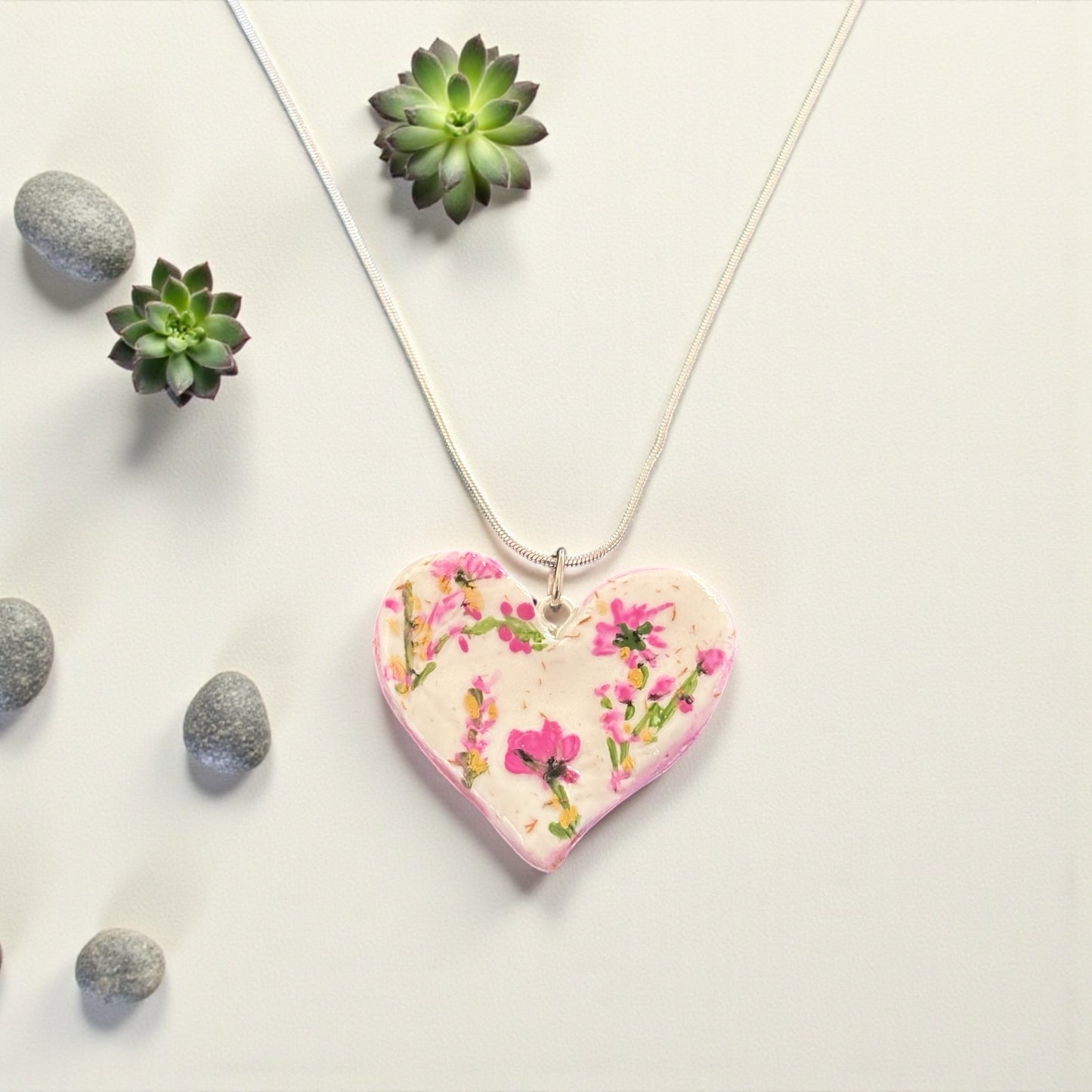 Handmade Clay Pink Heart Pendant Necklace