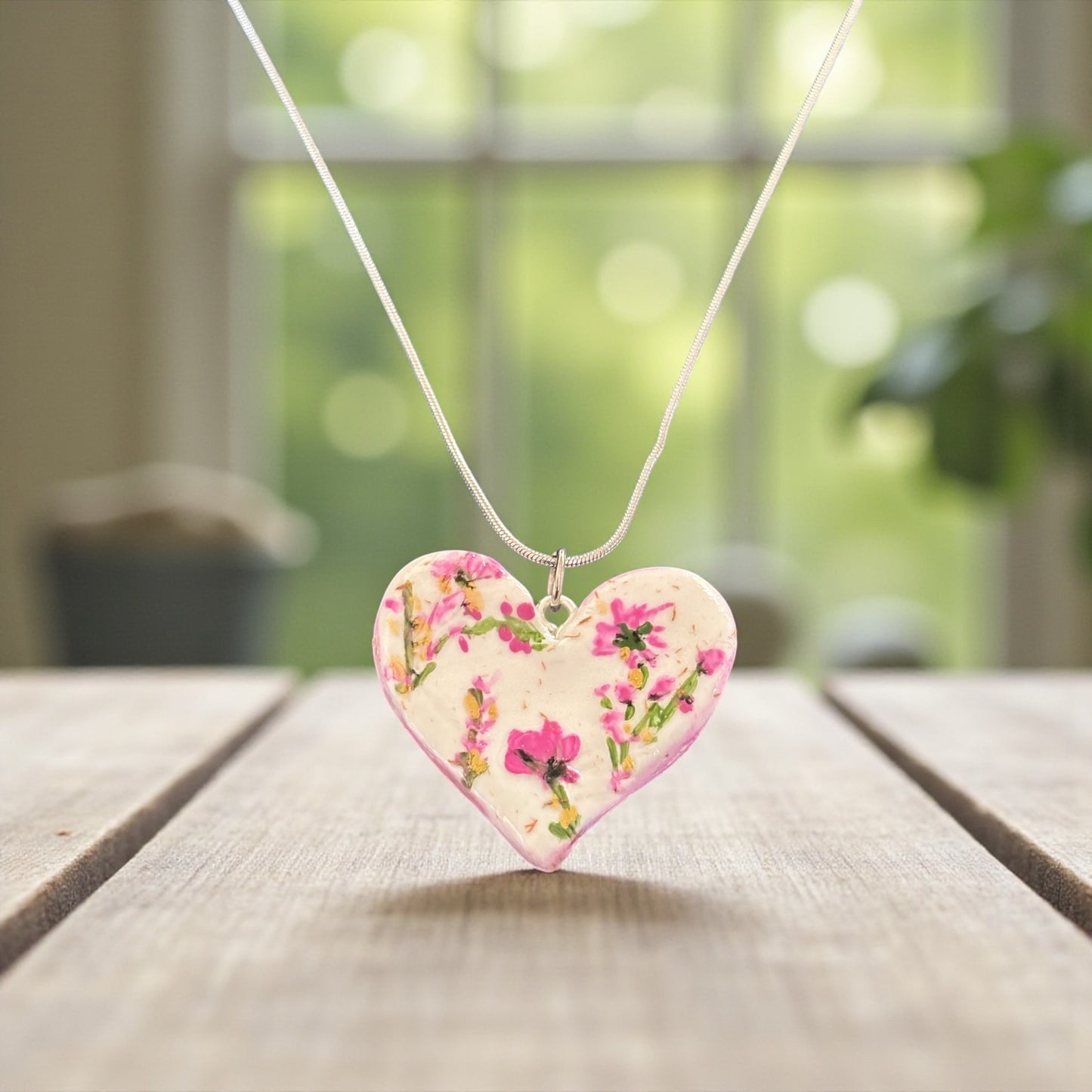 Handmade Clay Pink Heart Pendant Necklace