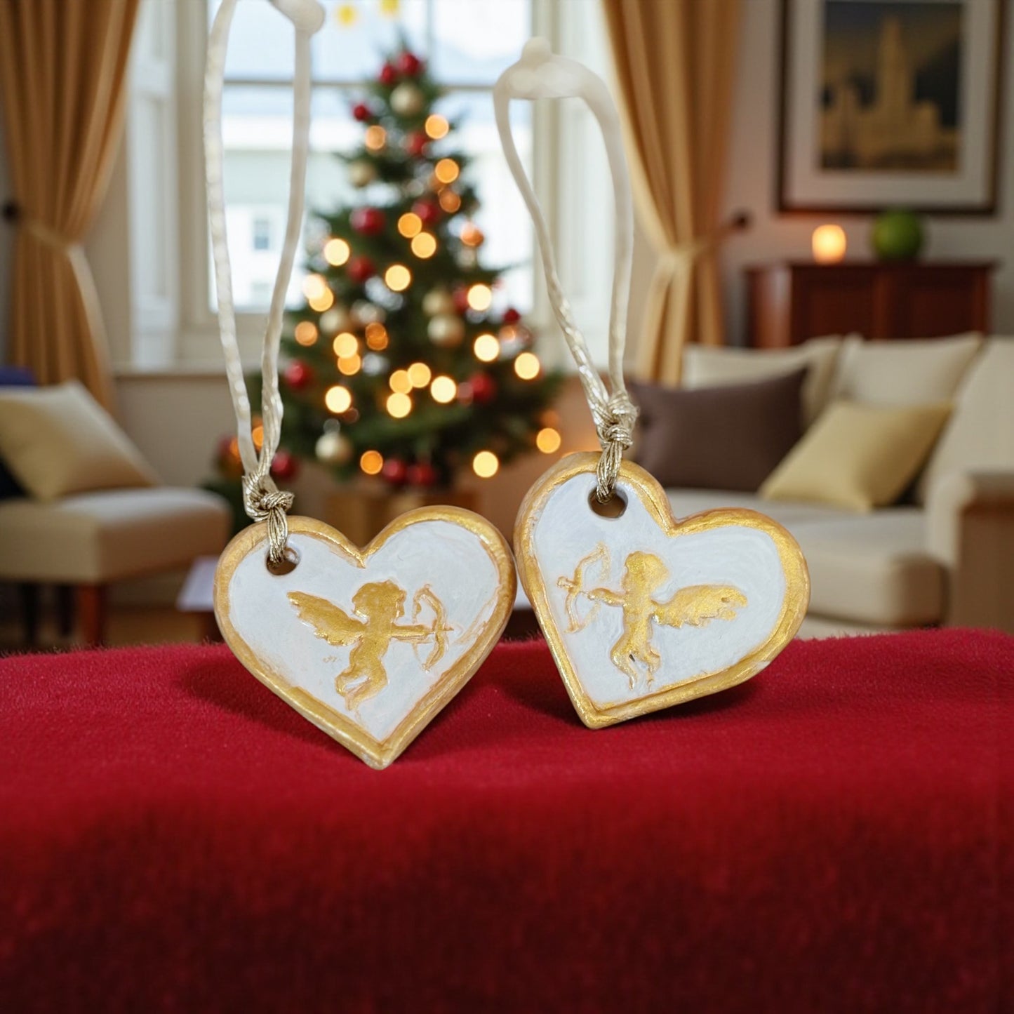 Handmade Cupid Clay Decorations - Set of 2 Rustic Ornaments