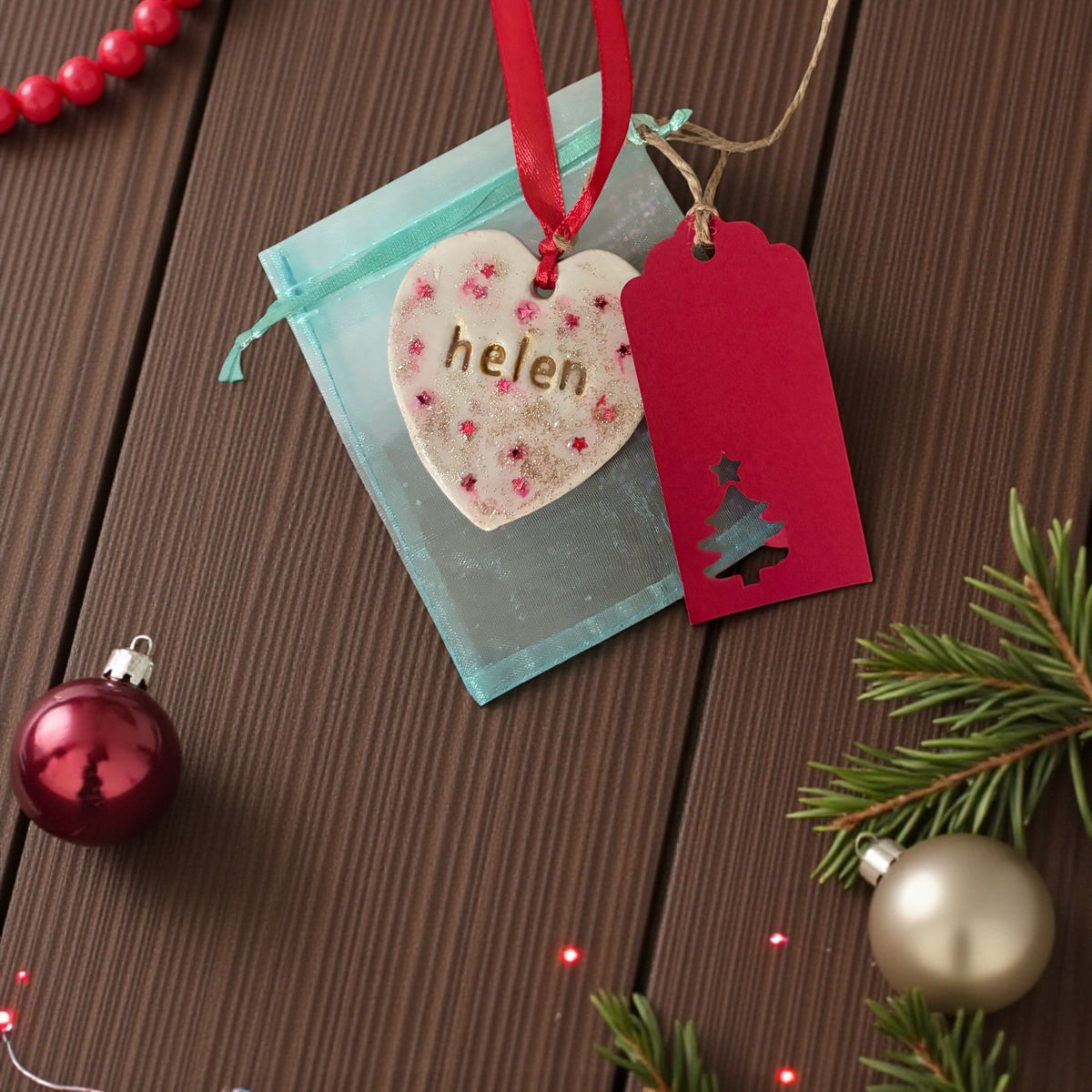 Personalised Christmas Heart Decoration | Red Glitter Stars