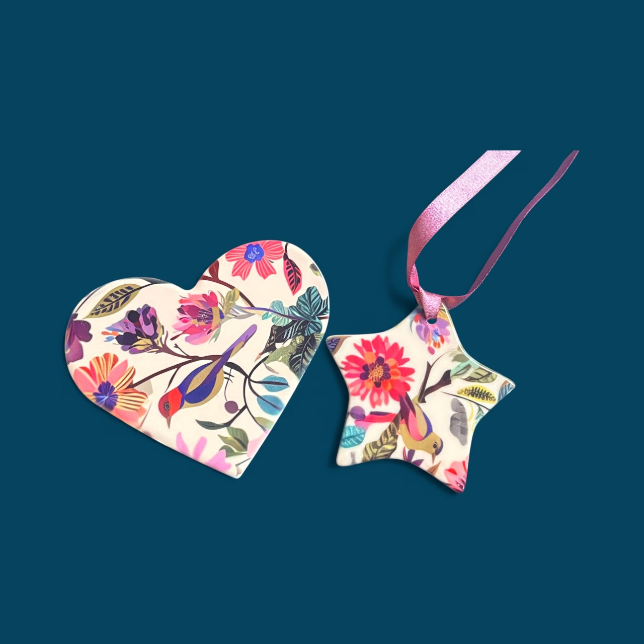 Floral Ceramic Gift Set - Heart Coaster & Star Ornament
