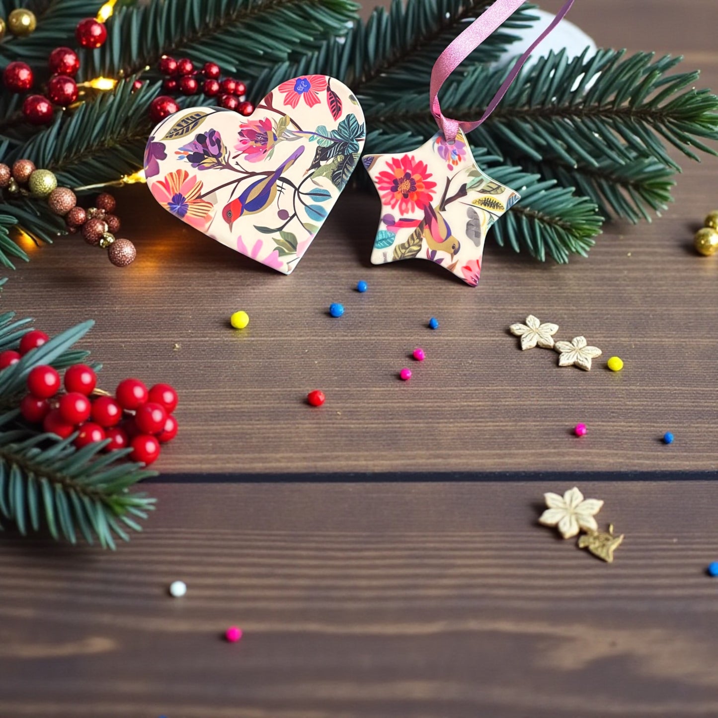 Floral Ceramic Gift Set - Heart Coaster & Star Ornament