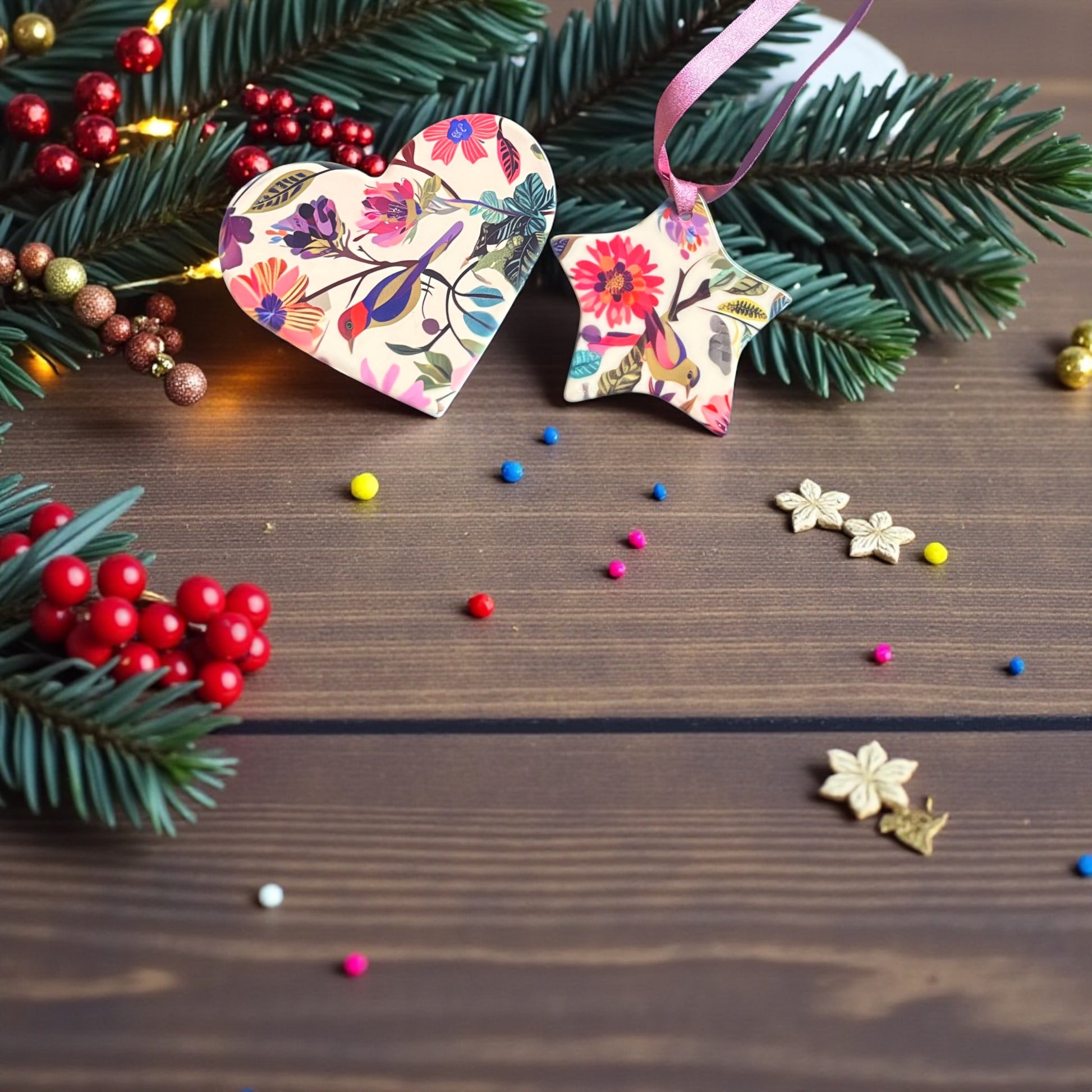 Floral Ceramic Gift Set - Heart Coaster & Star Ornament