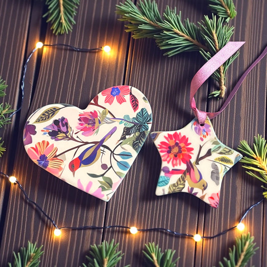 Floral Ceramic Gift Set - Heart Coaster & Star Ornament