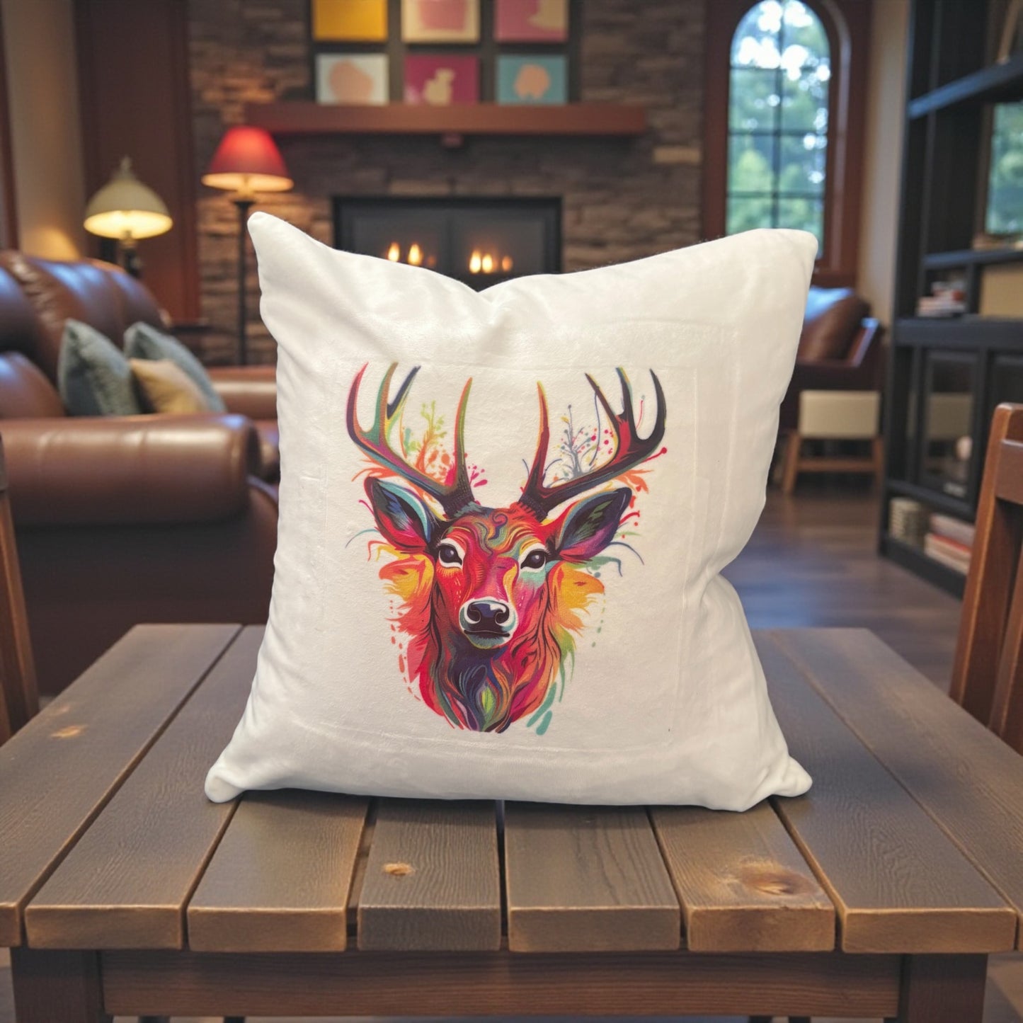 White Velvet Cushion with Colourful Stag Design