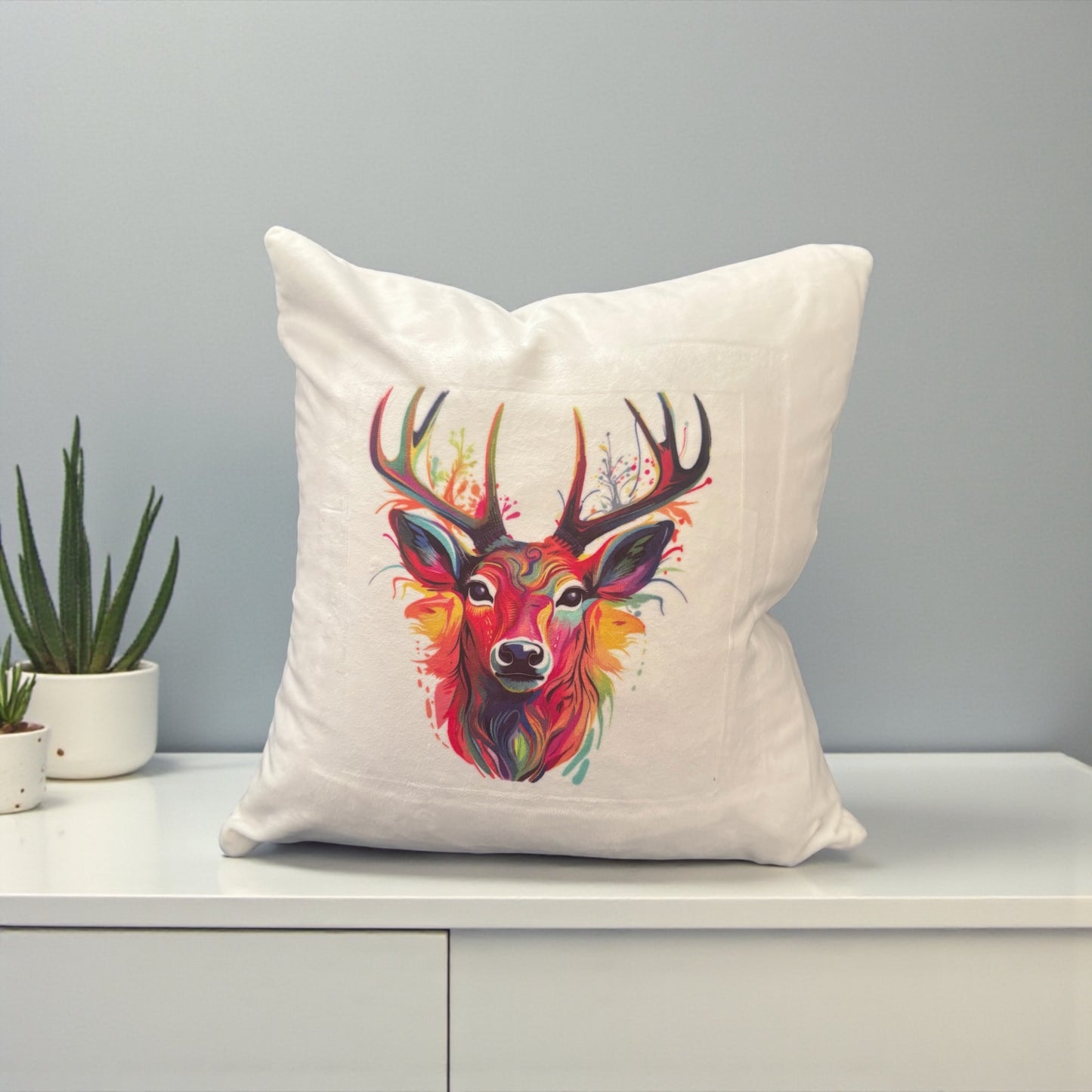 White Velvet Cushion with Colourful Stag Design