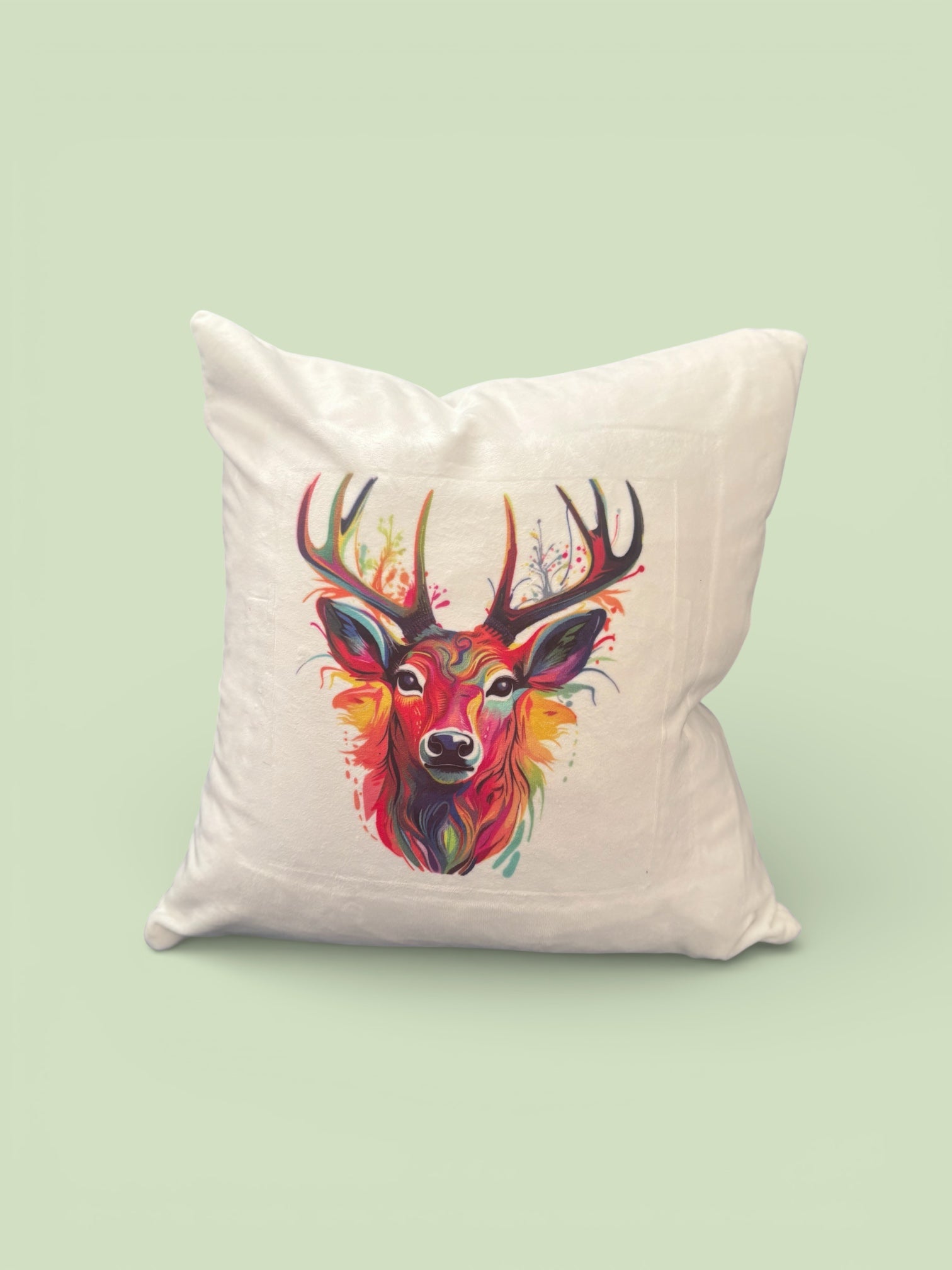 White Velvet Cushion with Colourful Stag Design
