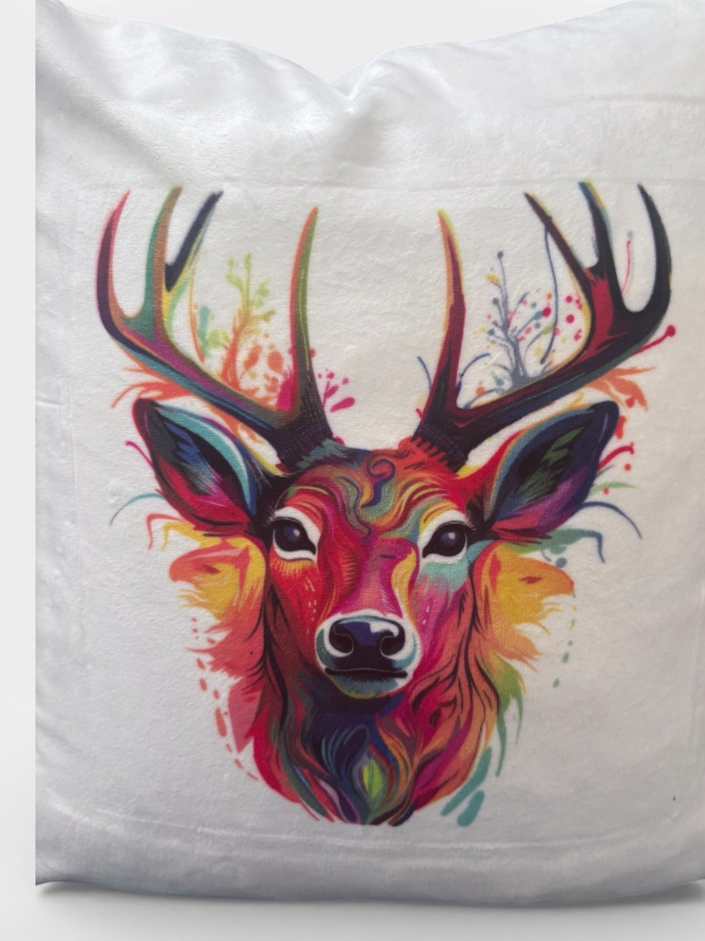 White Velvet Cushion with Colourful Stag Design